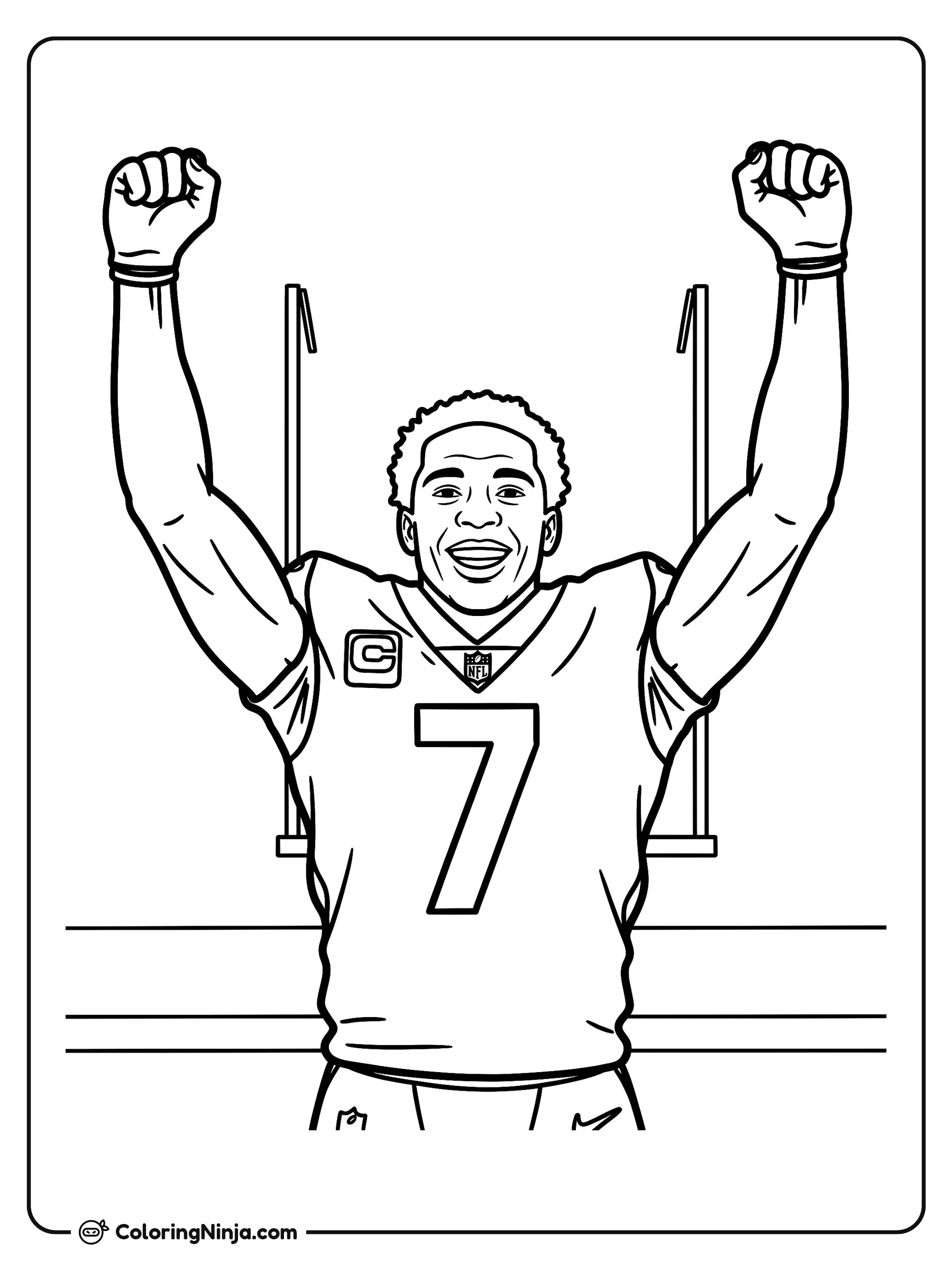 Bijan Robinson celebra un touchdown, dibujo para colorear: El jugador de fútbol americano Bijan Robinson levanta los brazos con alegría para festejar una gran jugada.