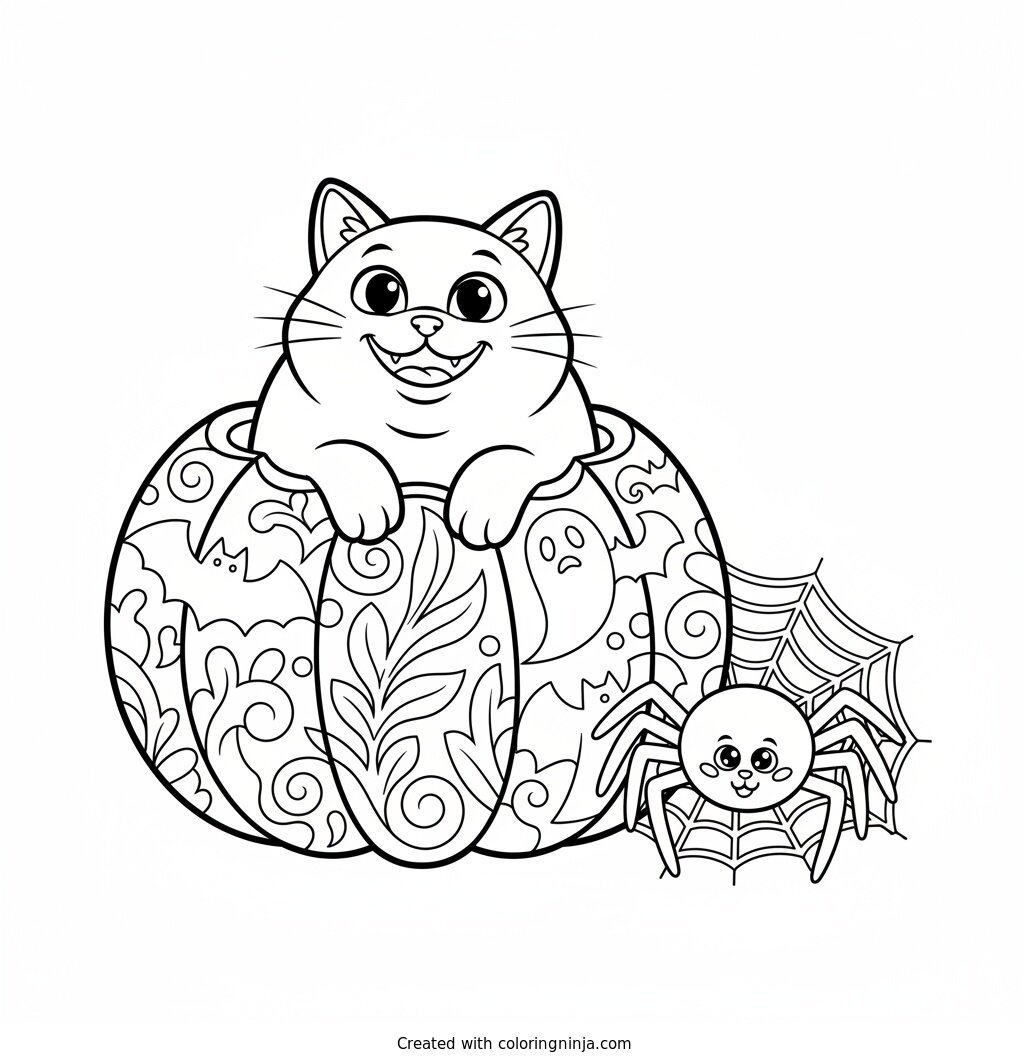 Black Cat in a Pumpkin Coloring Page