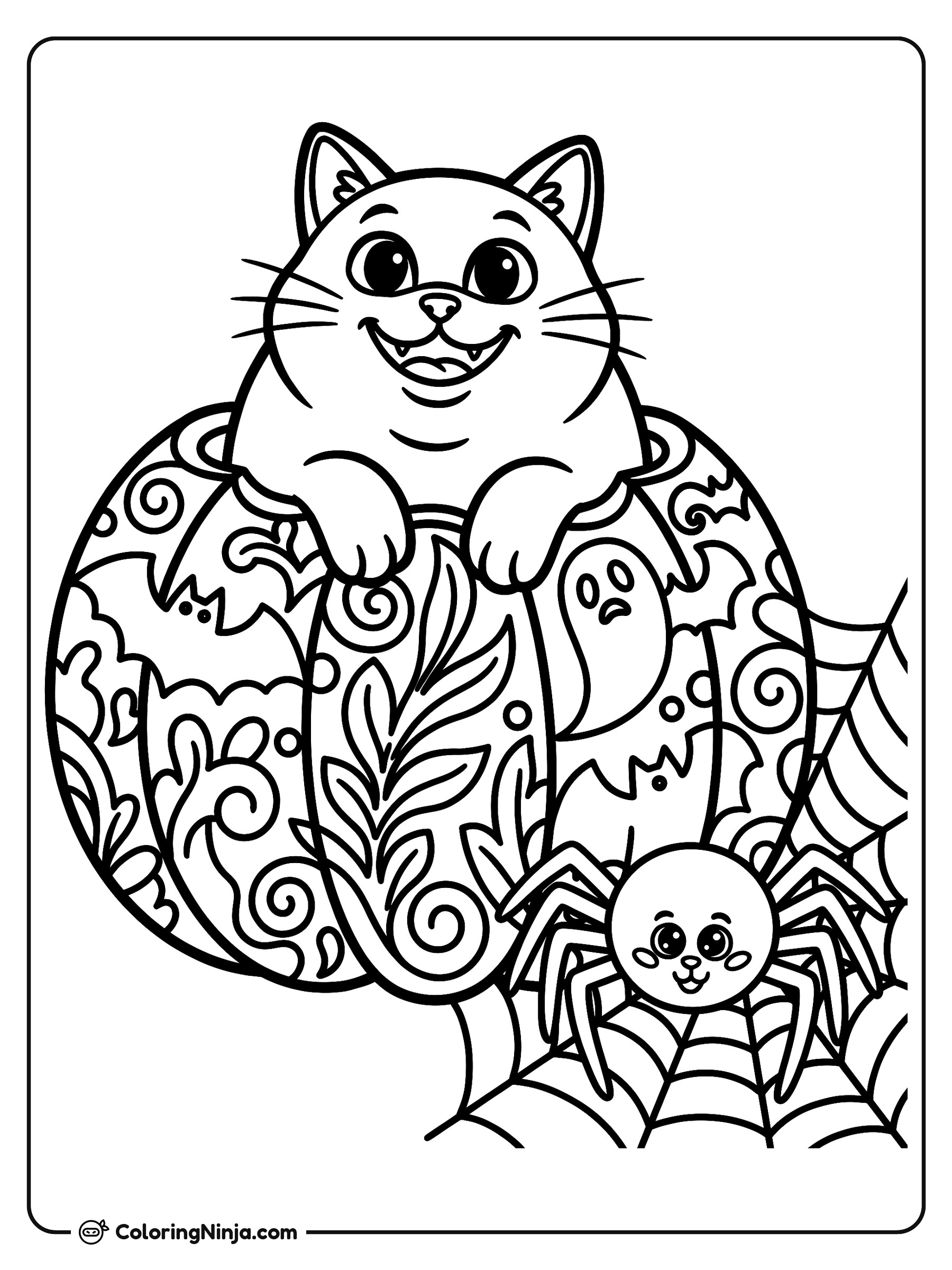 Gato negro en calabaza con araña: dibujo para colorear