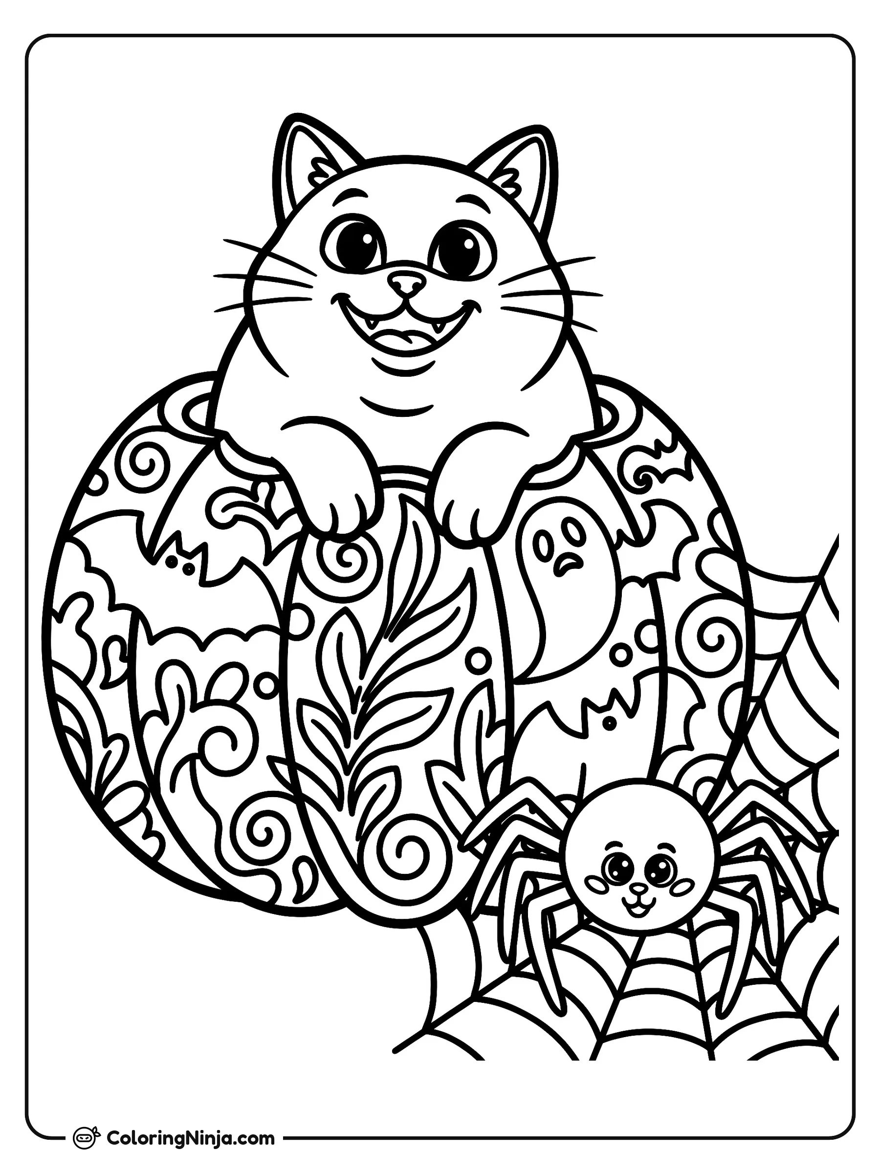 Gato negro en calabaza con araña, dibujo para colorear: Un sonriente gato negro asoma desde una gran calabaza tallada con patrones festivos, murciélagos y un fantasma amigable.