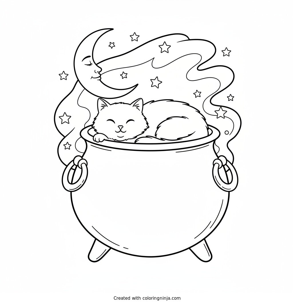 Curious Cat in a Cauldron Coloring Page