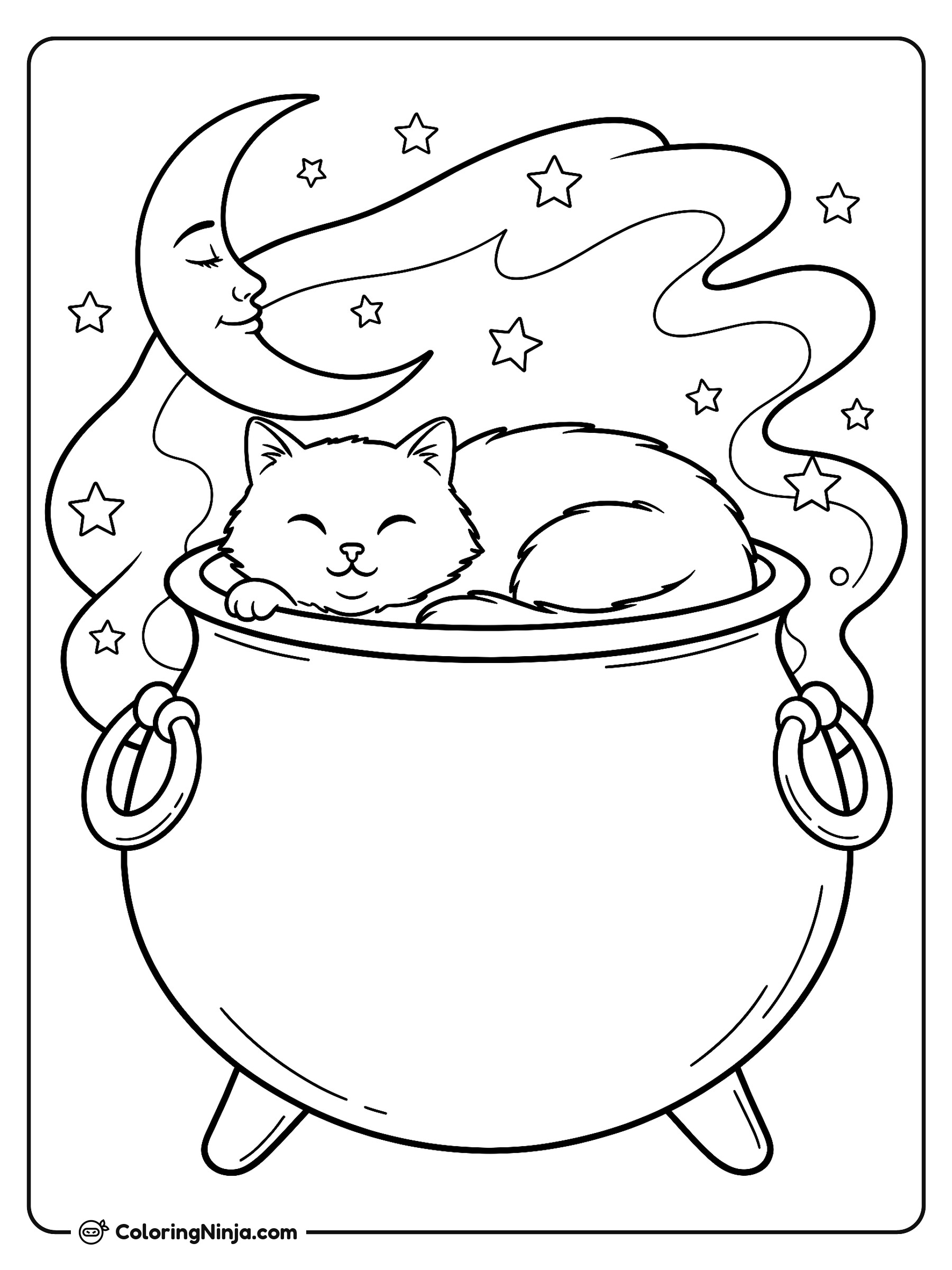 Gato curioso en un caldero: dibujo para colorear