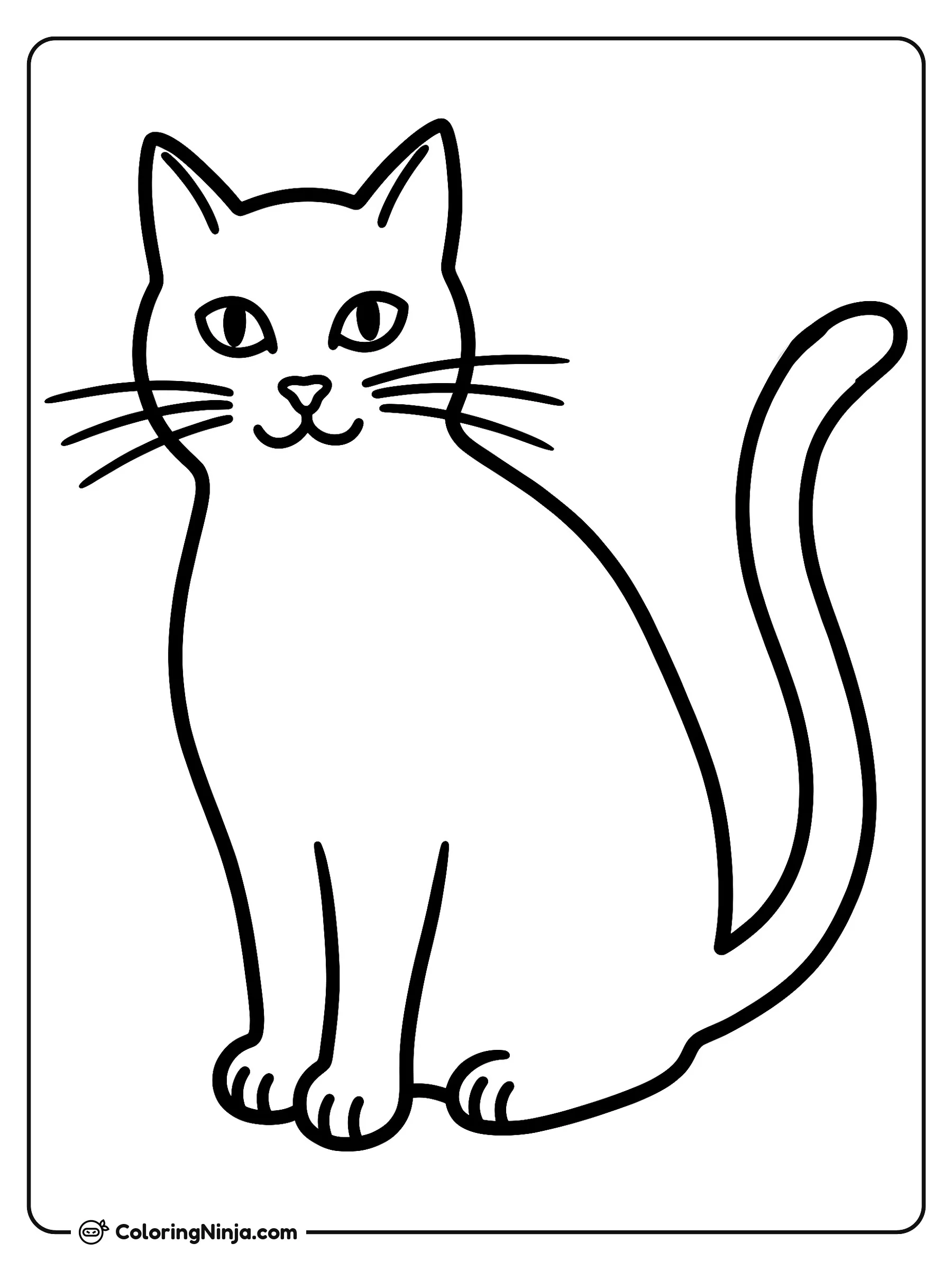 Un gato negro sentado, dibujo para colorear: Un gato negro permanece sentado mirando hacia adelante con una expresión muy atenta. Tiene orejas puntiagudas, bigotes largos y una cola curvada hacia arriba.