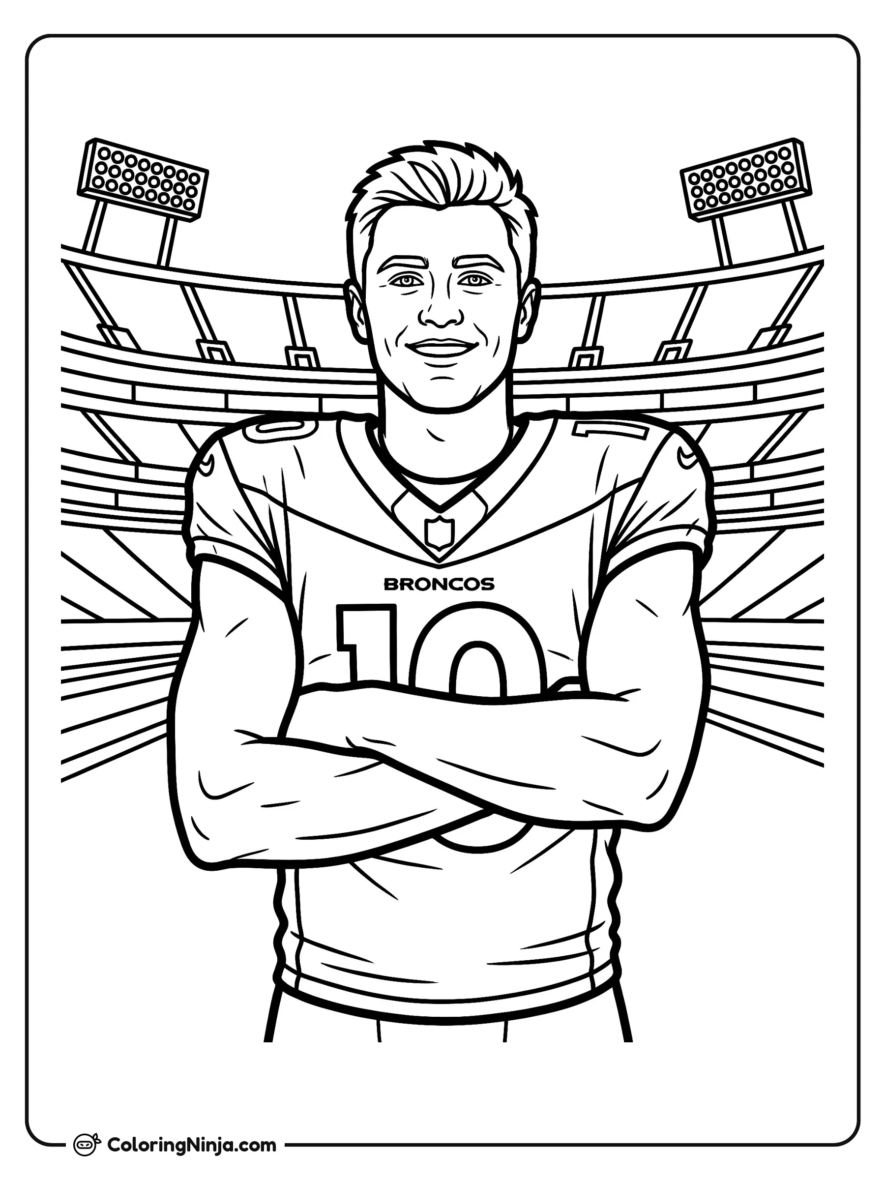 Bo Nix Listo para el Partido, dibujo para colorear: Bo Nix viste su uniforme de fútbol americano con los brazos cruzados y una sonrisa confiada en medio del campo.