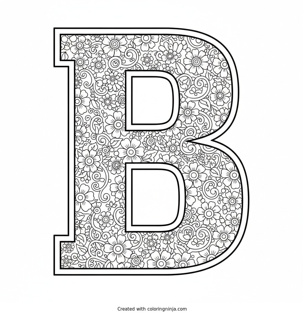 Bold Blocky Letter B Decorated with Tiny Flowers Coloring Page