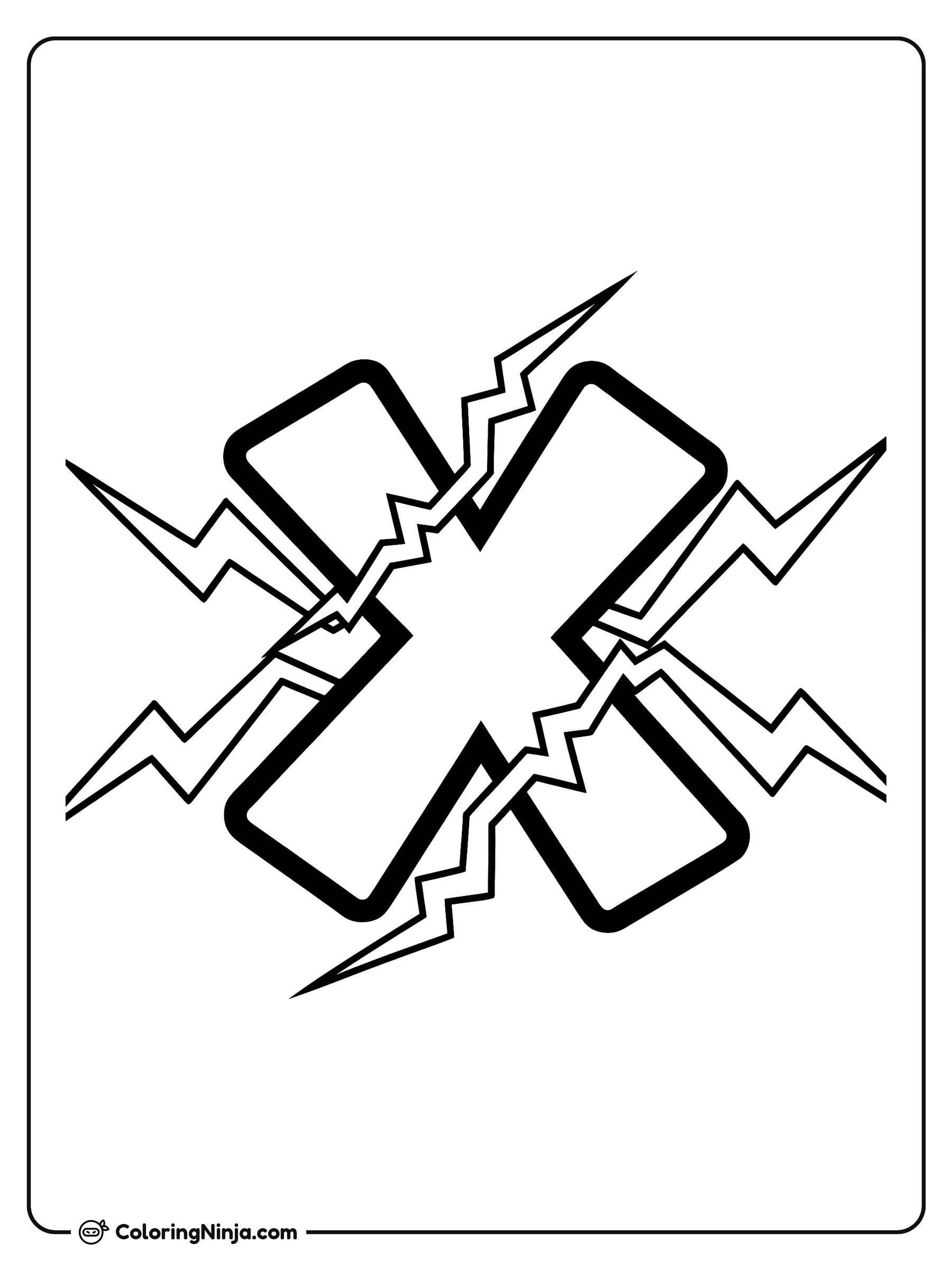 Letra X estilo grafiti con rayos: dibujo para colorear