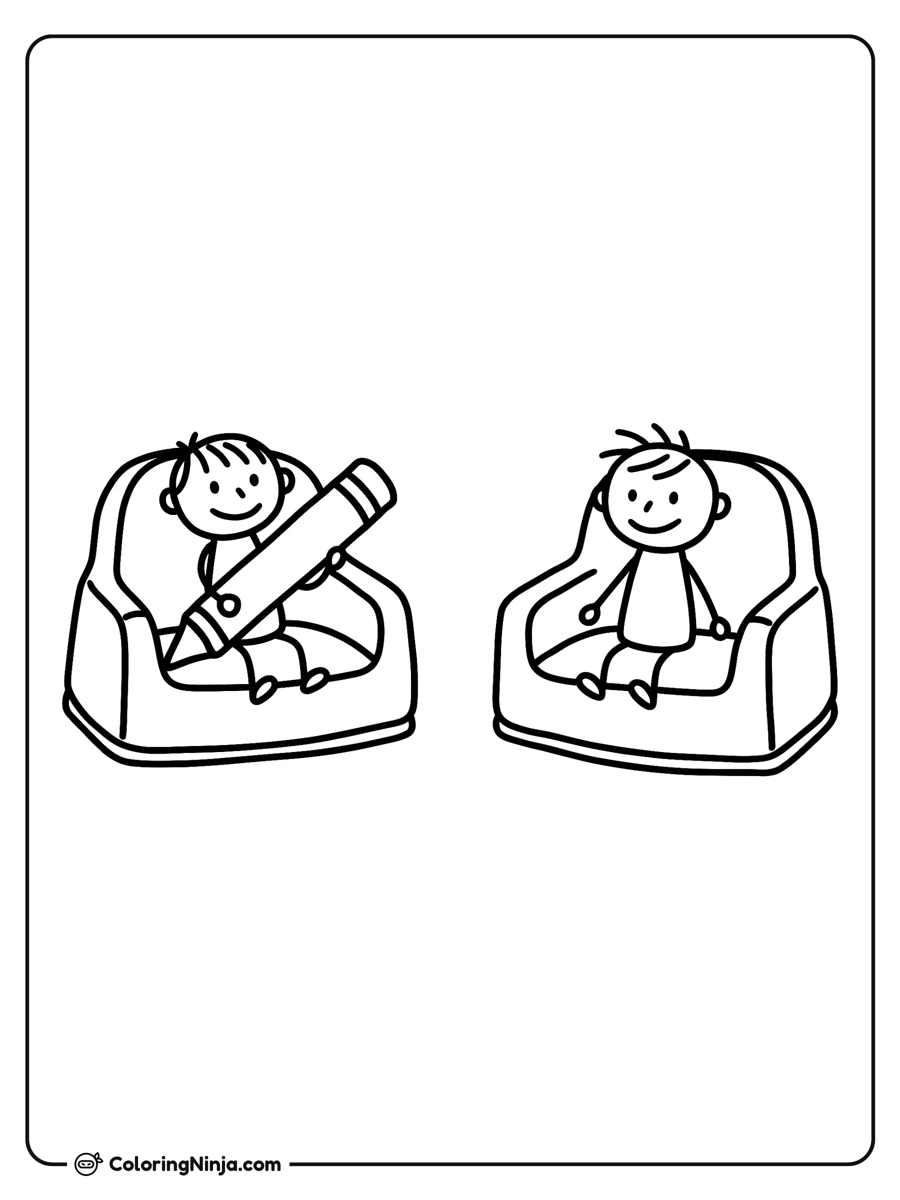 Asientos Elevadores para Niños, dibujo para colorear: Dos niños sonrientes están sentados alegremente en sus asientos elevadores, y uno de ellos sostiene un crayón grande.