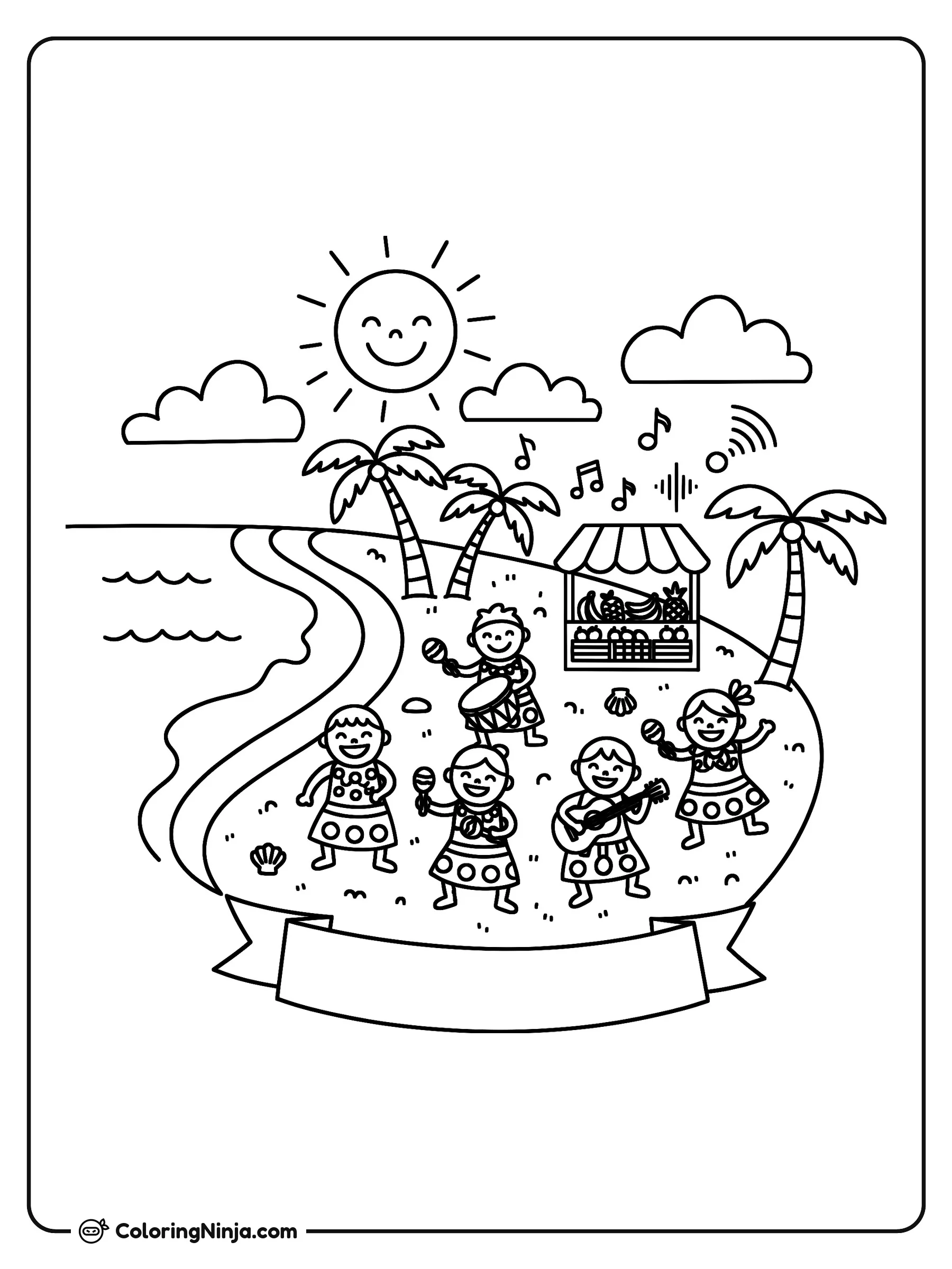 Isla Tropical de Borikén, dibujo para colorear: Personas alegres se reúnen en una soleada playa tropical para bailar y tocar tambores, maracas y guitarra.