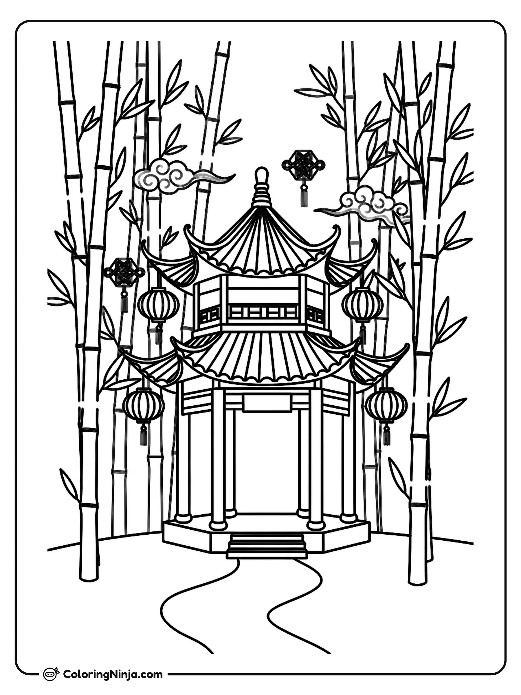 Futuristic Chinese Bamboo Forest Pavilion Coloring Page: This coloring page features a Chinese bamboo forest surrounding a traditional pavilion with a curved roof.