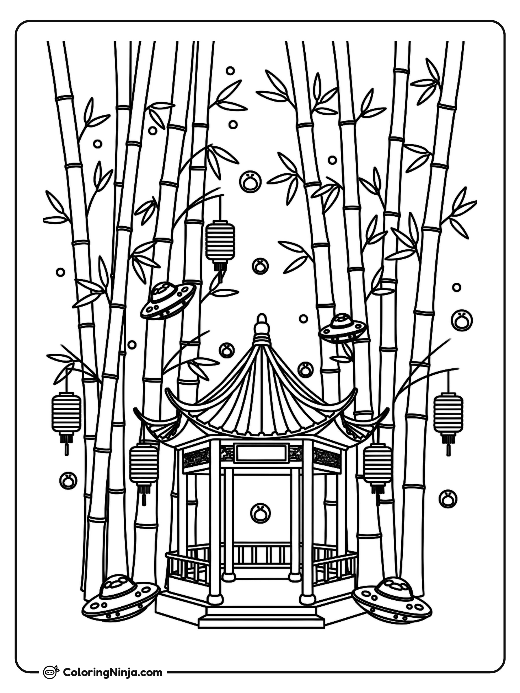 Bosque de bambú chino futurista: dibujo para colorear