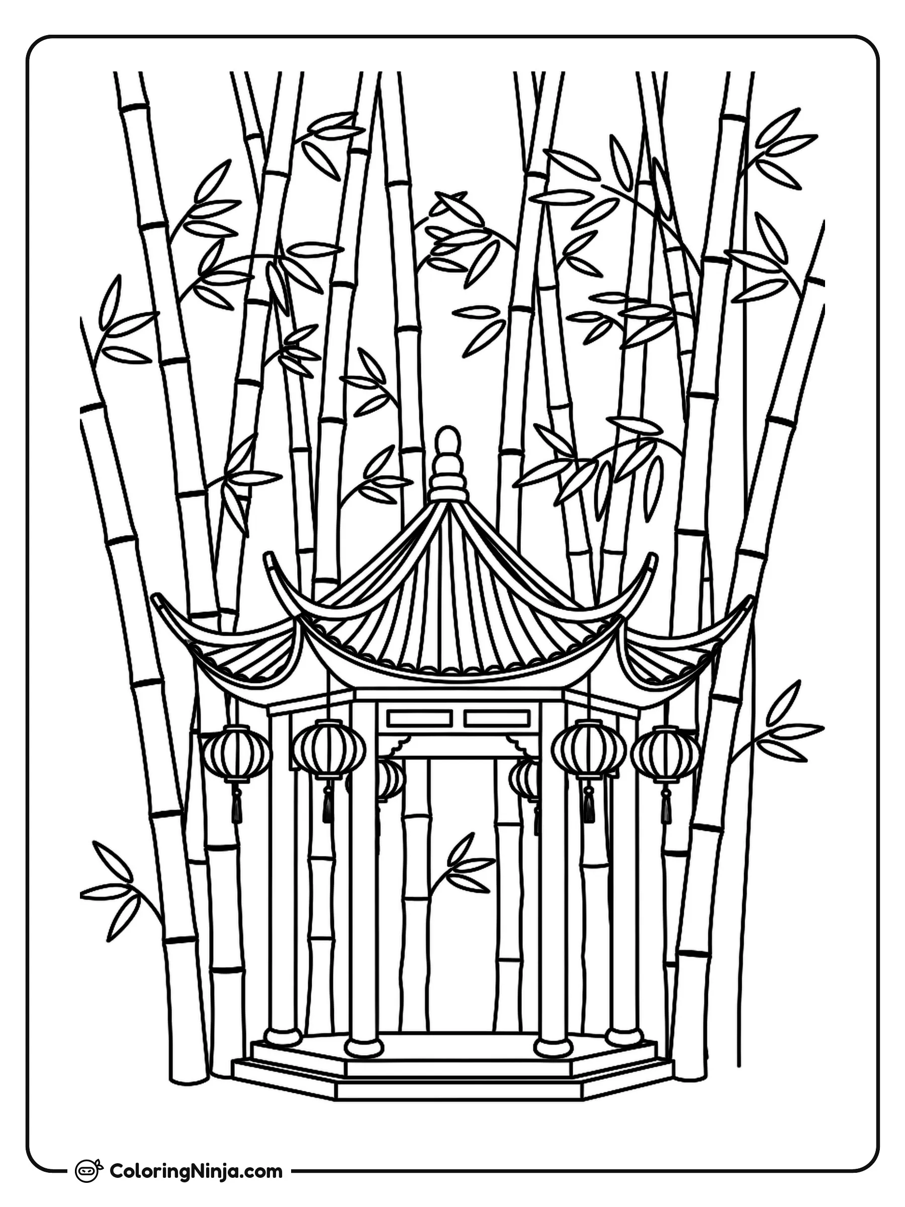 Chinese Bamboo Forest and Pavilion Coloring Page: This coloring page features a serene Chinese bamboo forest surrounding a traditional pavilion. The pavilion showcases a classic curved roof adorned with hanging Chinese lanterns.
