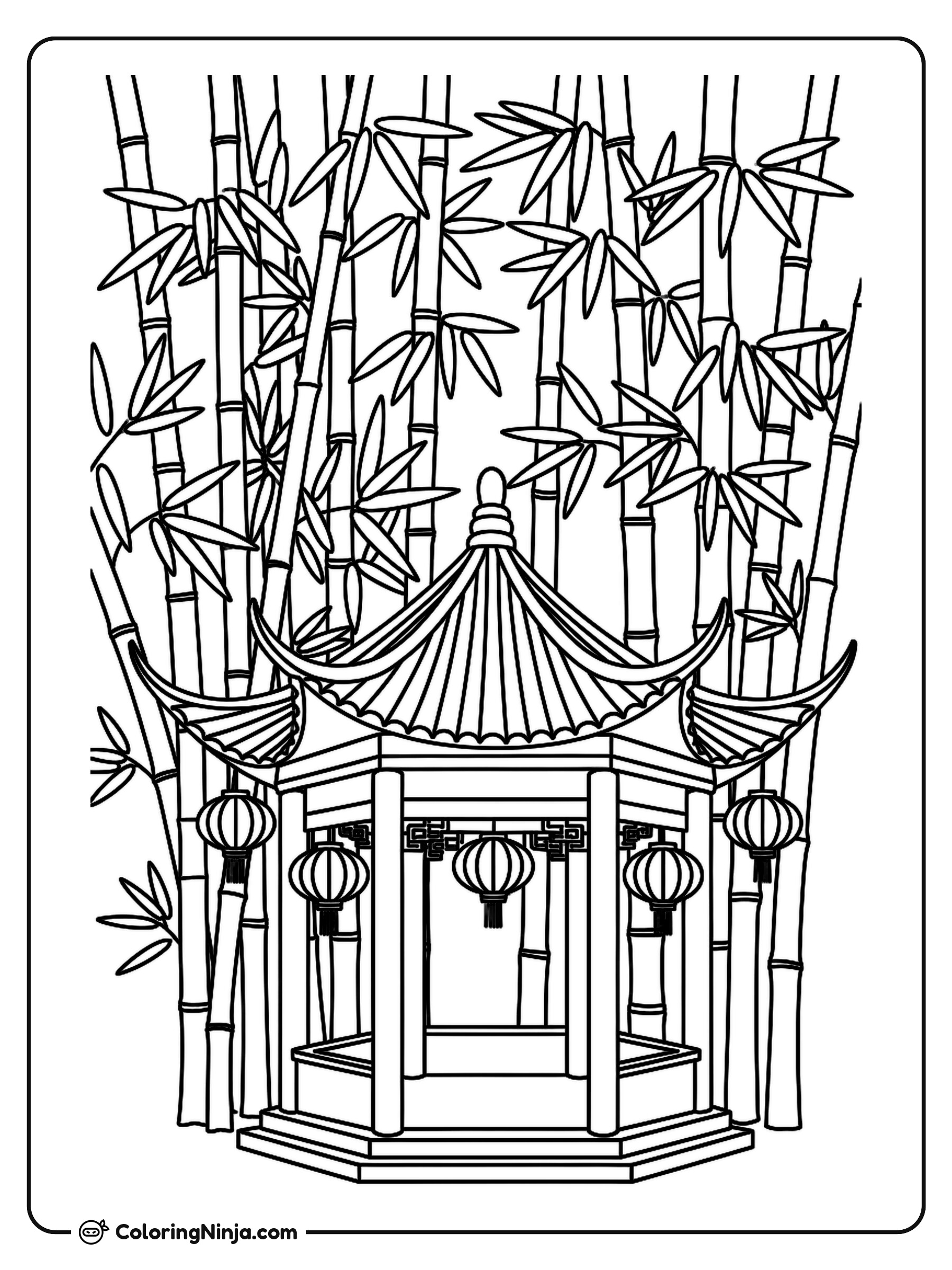 Bosque de bambú y pabellón chino: dibujo para colorear