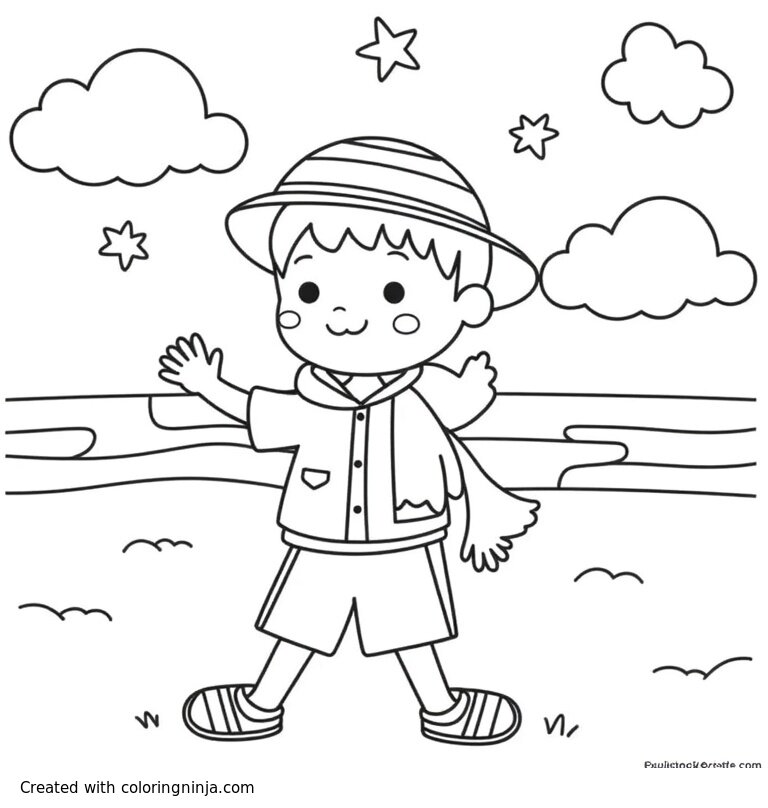 A coloring page of boy on the beach