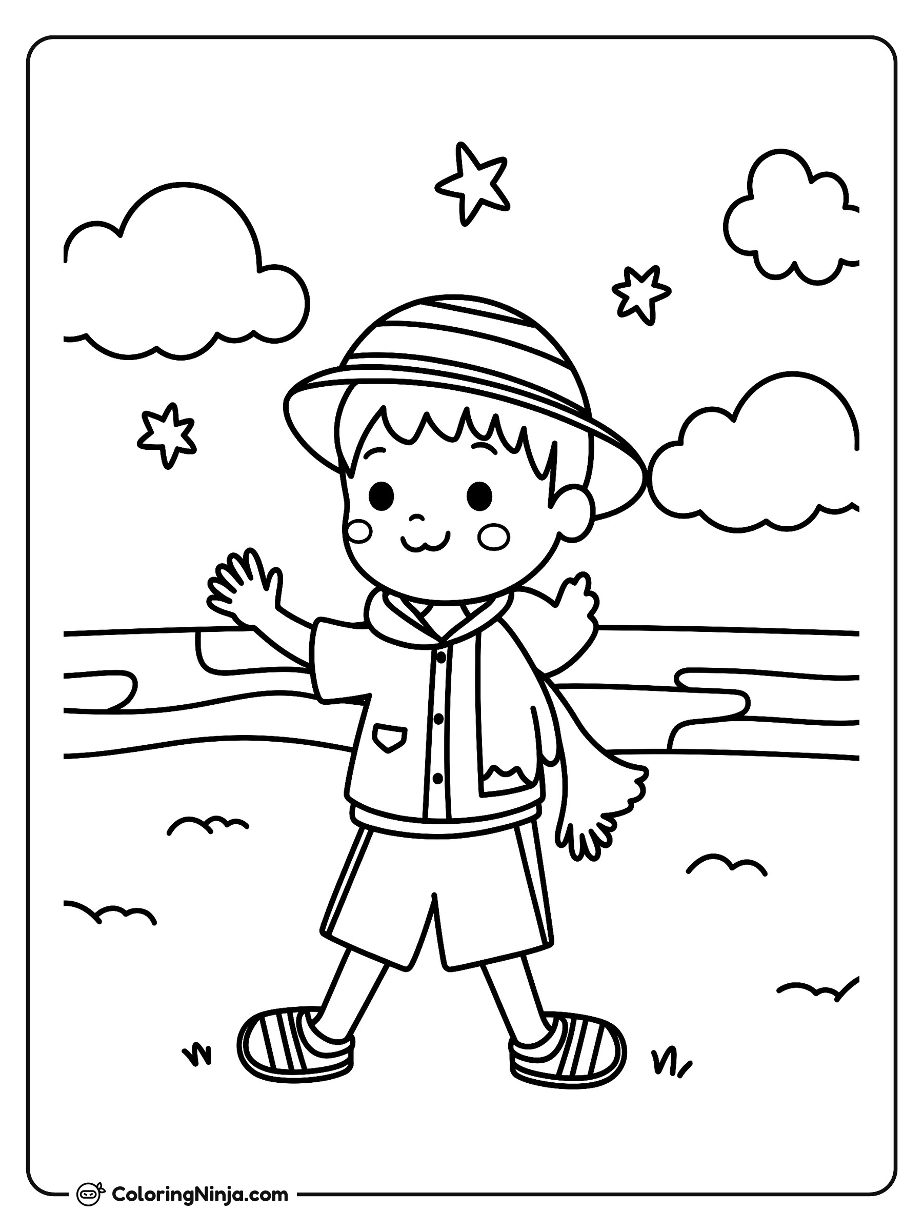 Niño alegre en la playa: dibujo para colorear