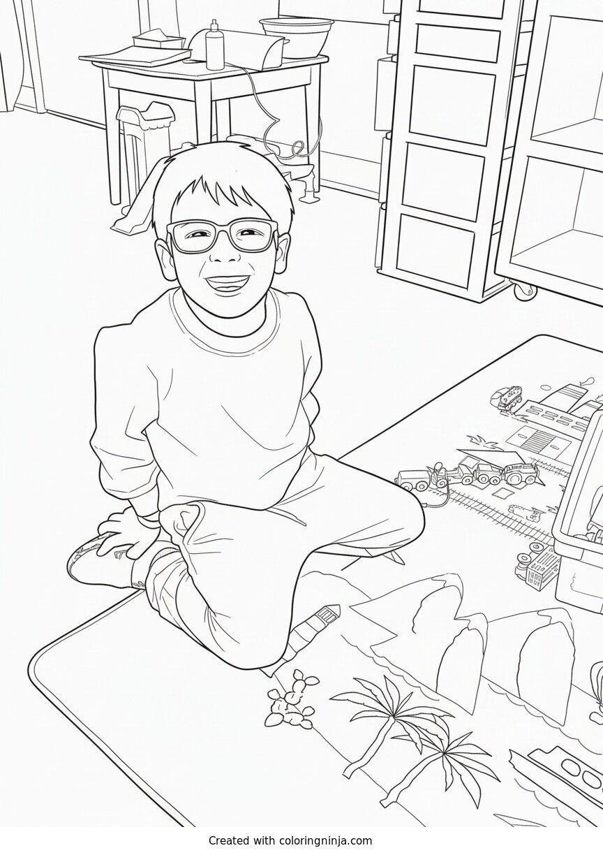 Coloring page of Boy Playing with Toy Trains on Rug