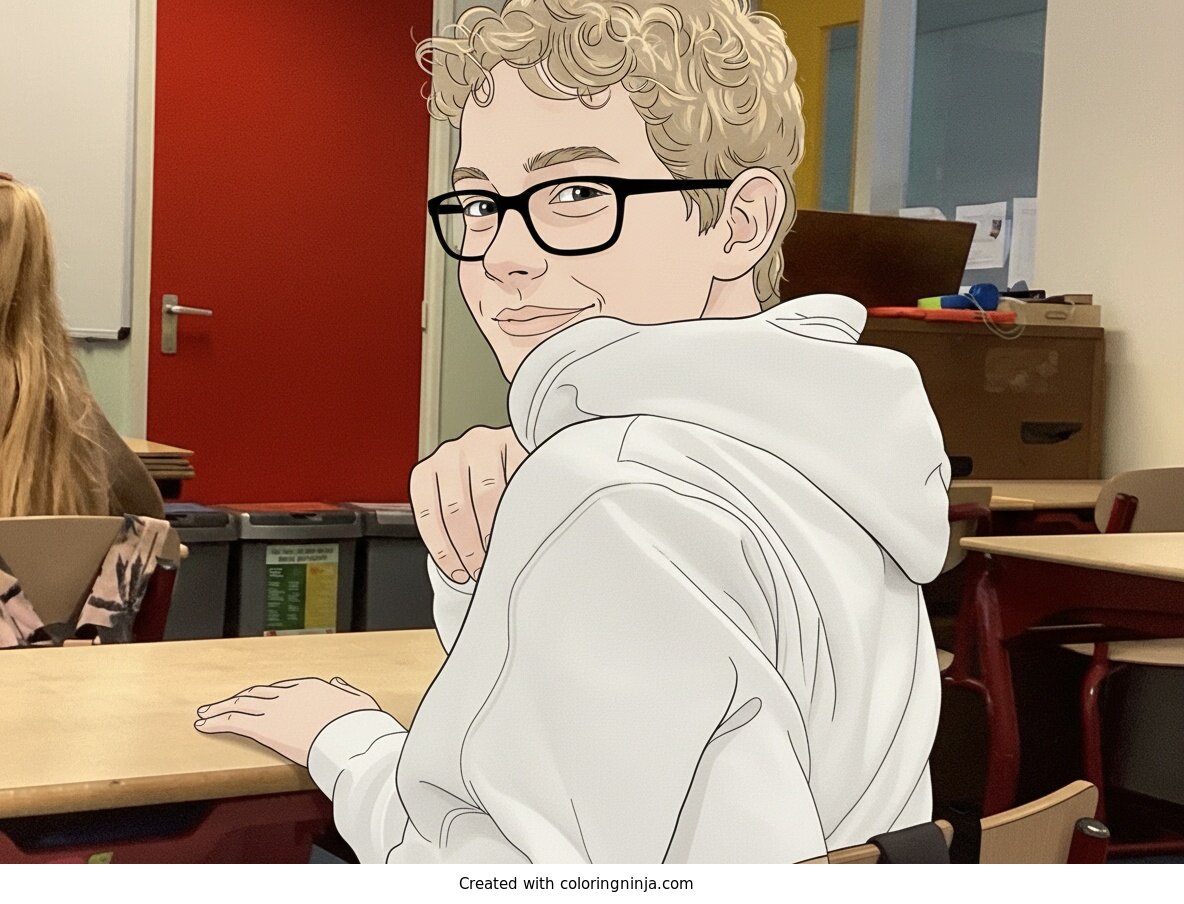 Coloring page of Boy Smiling in Classroom