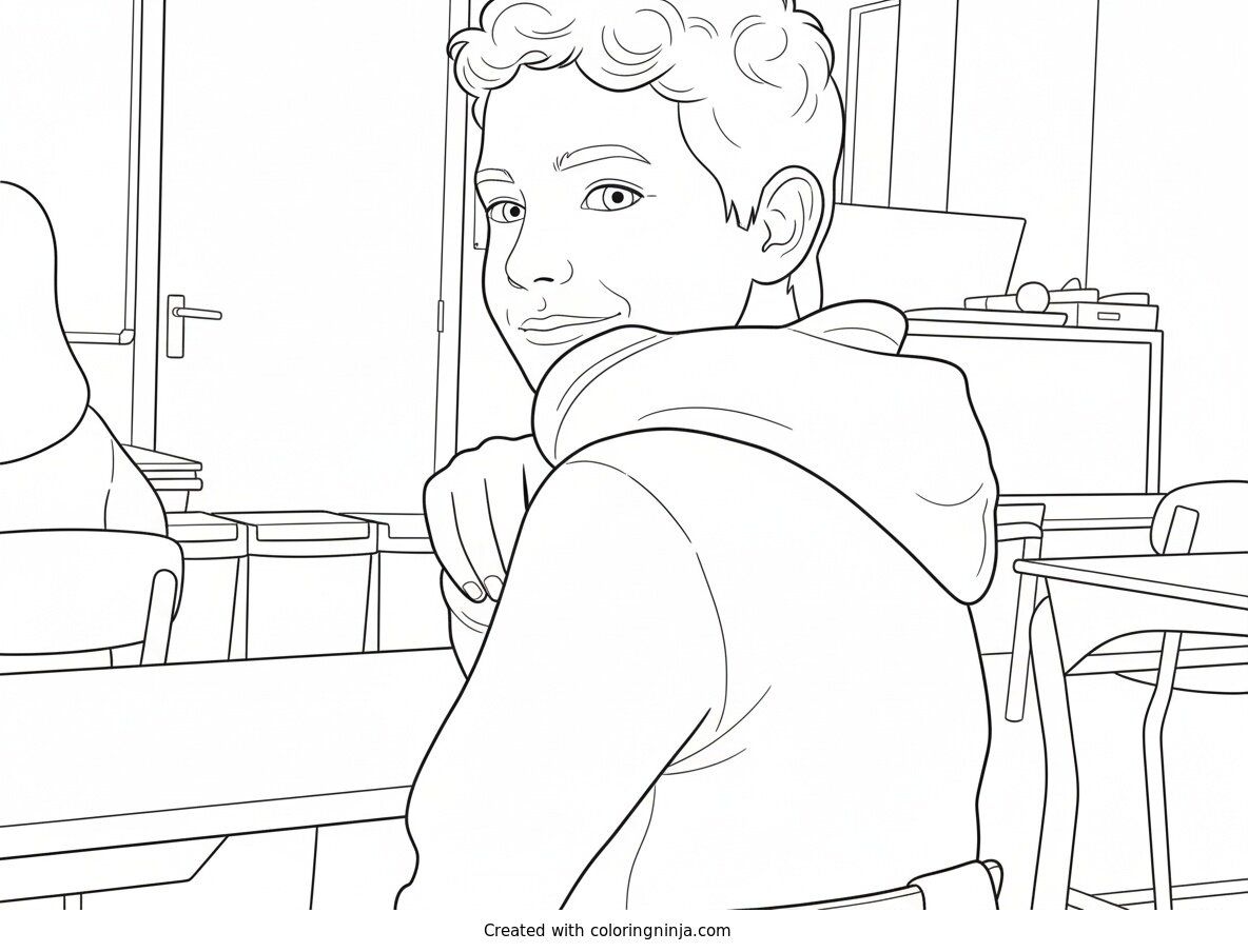 Coloring page of Boy Smiling in Classroom