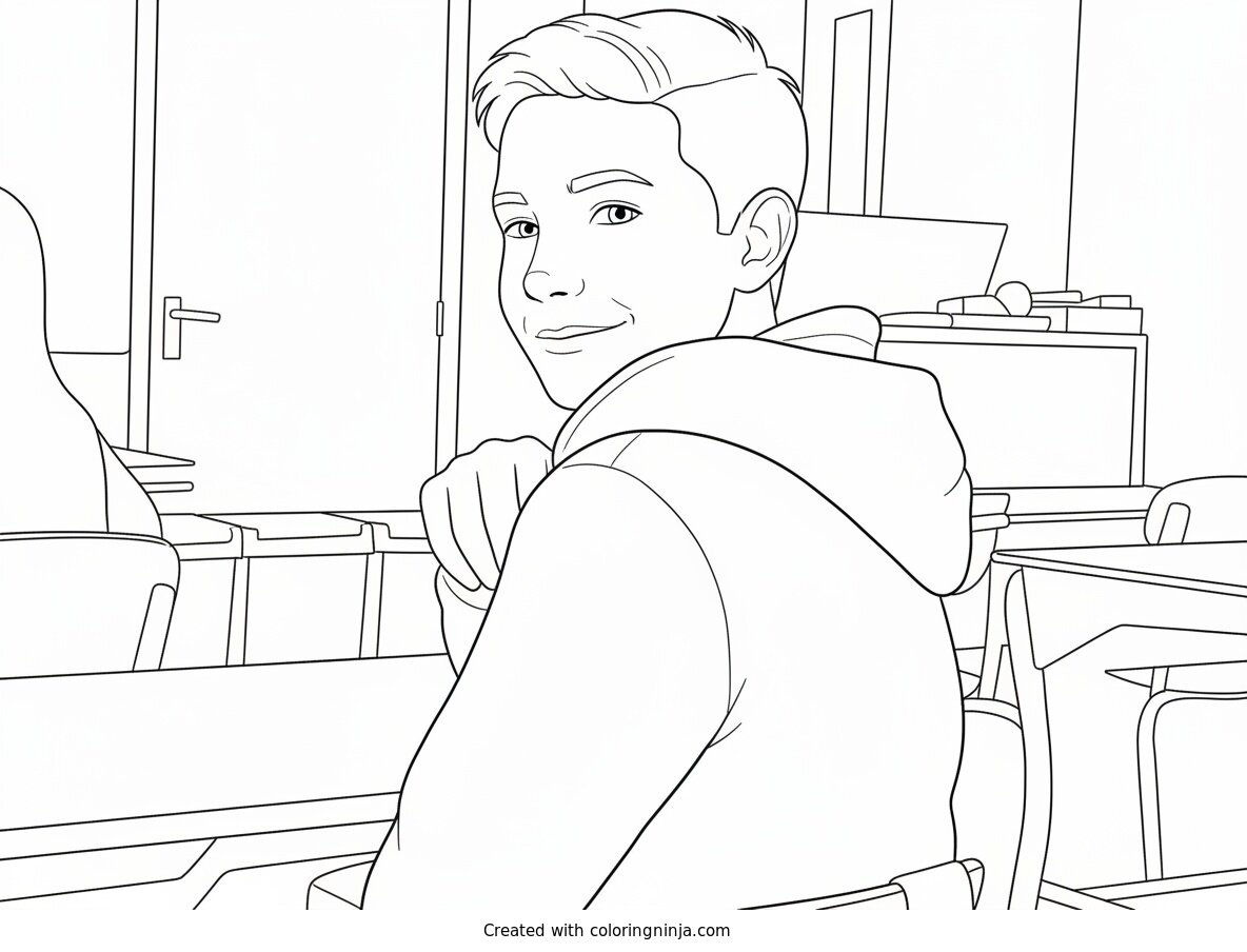 Coloring page of Boy Smiling in Classroom