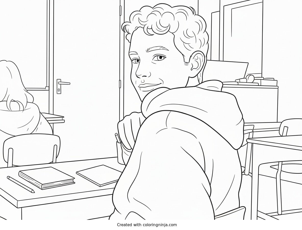 Coloring page of Boy Smiling in Classroom