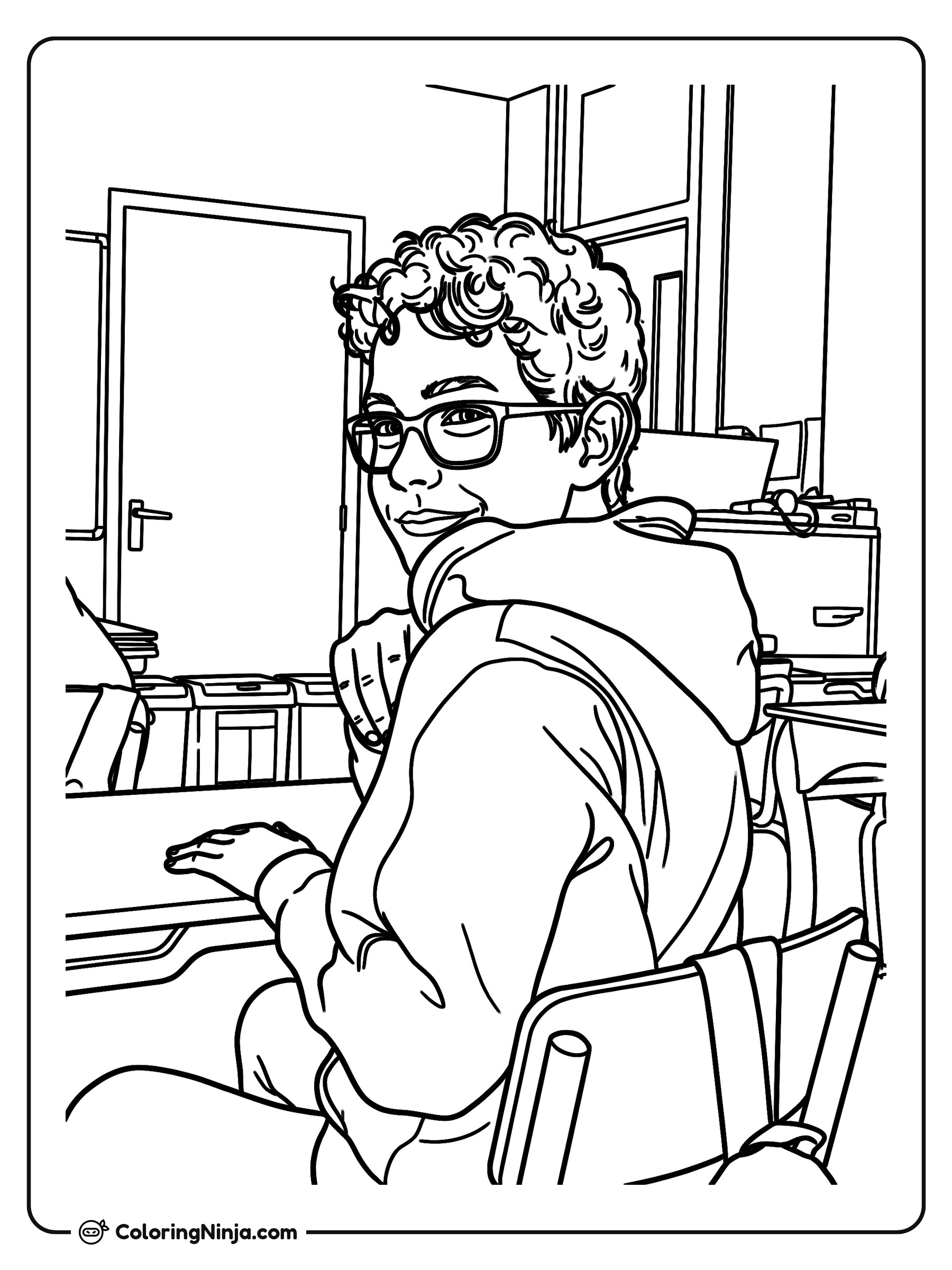 Niño sonriendo en el salón de clases: dibujo para colorear