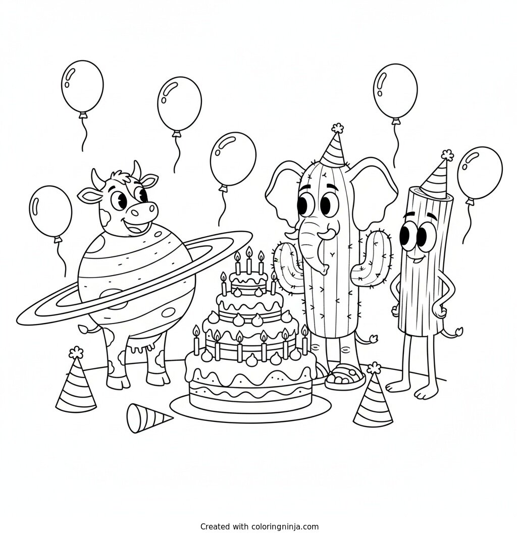 Brainrot Characters Birthday Party Coloring Page