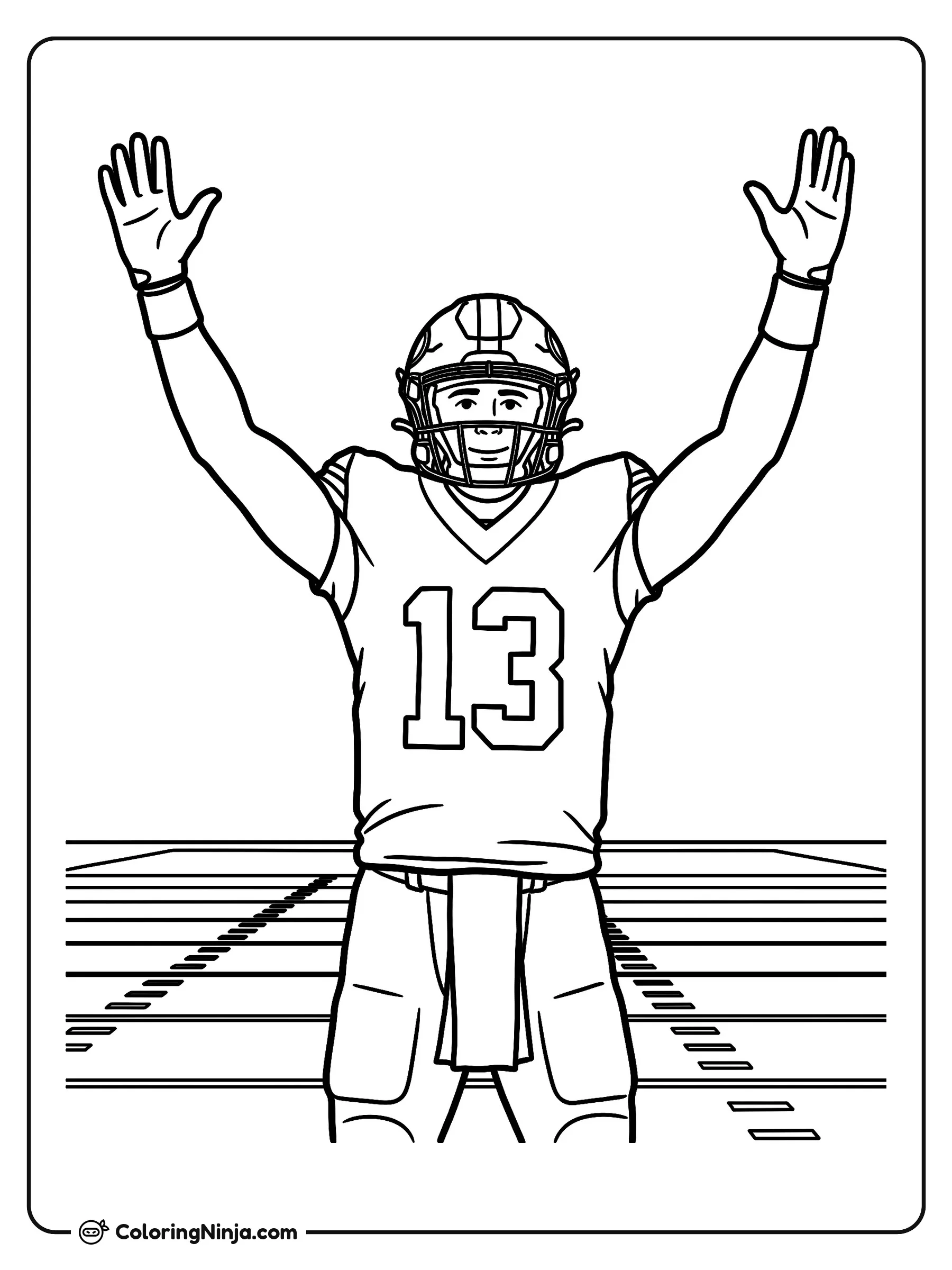 Celebración de touchdown de Brock Purdy, dibujo para colorear: El jugador de fútbol americano Brock Purdy levanta los brazos en señal de victoria sobre el campo de juego vistiendo su uniforme con el número 13.