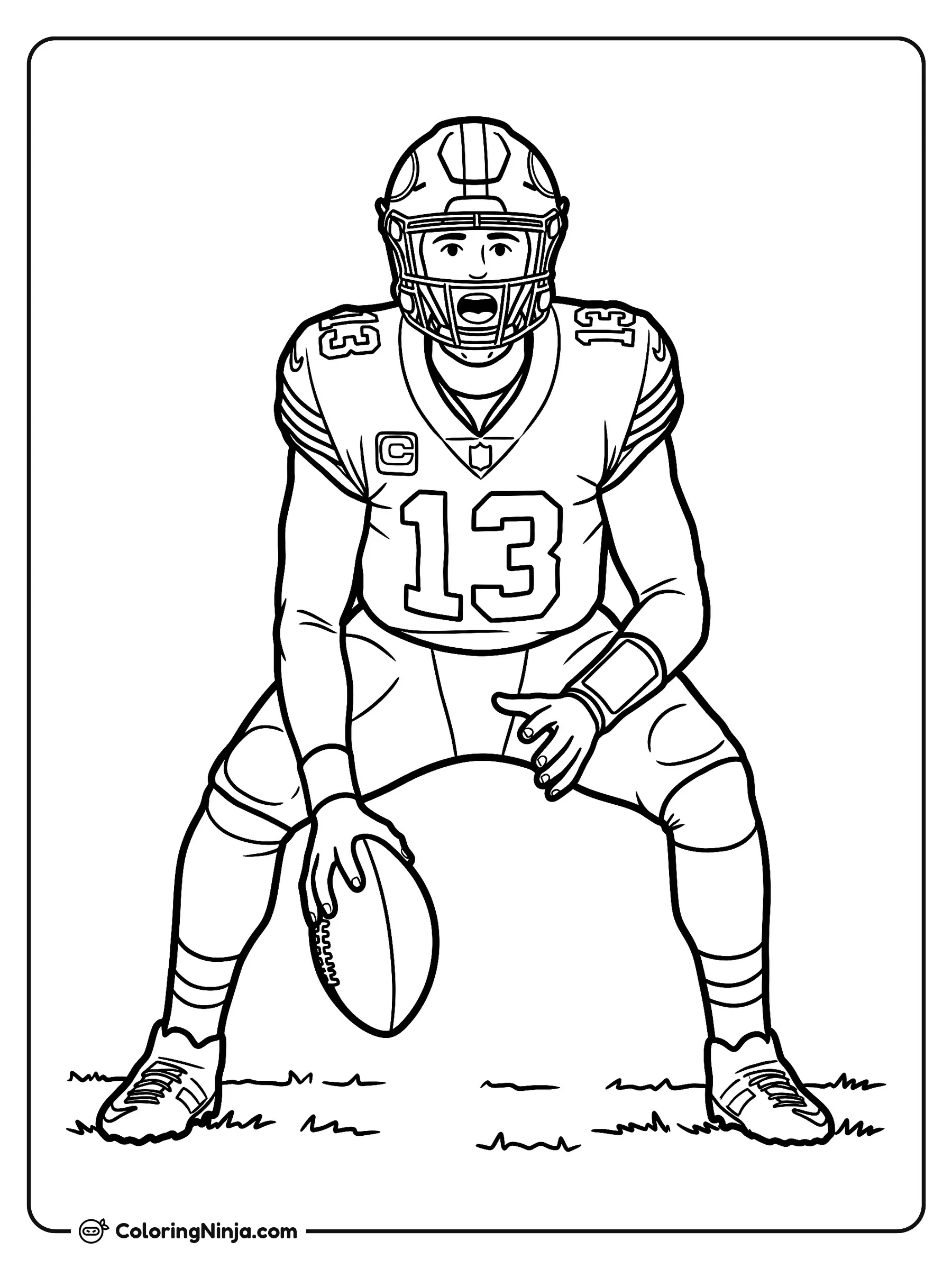 Brock Purdy diciendo la jugada, dibujo para colorear: Brock Purdy está en el campo de fútbol americano con su uniforme completo y casco, inclinándose hacia adelante con la boca abierta para dar las instrucciones.