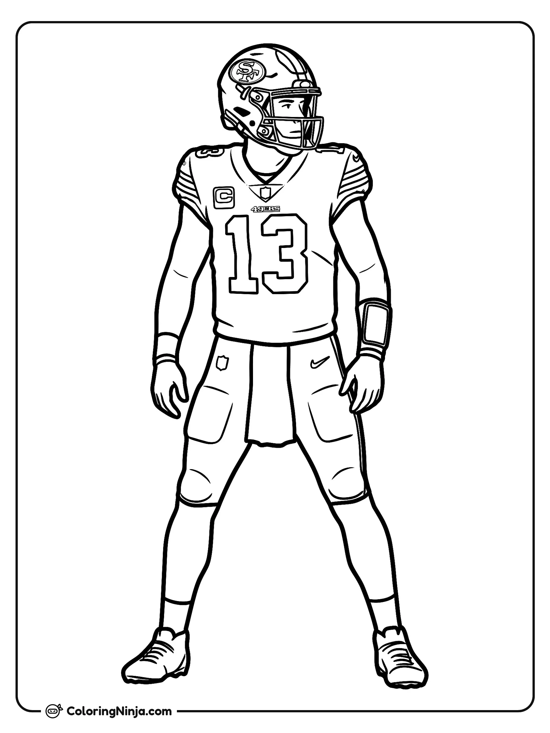 Brock Purdy listo para la jugada, dibujo para colorear: Brock Purdy se muestra preparado con su uniforme completo de fútbol americano, portando el casco, protecciones y el número 13 en el jersey.