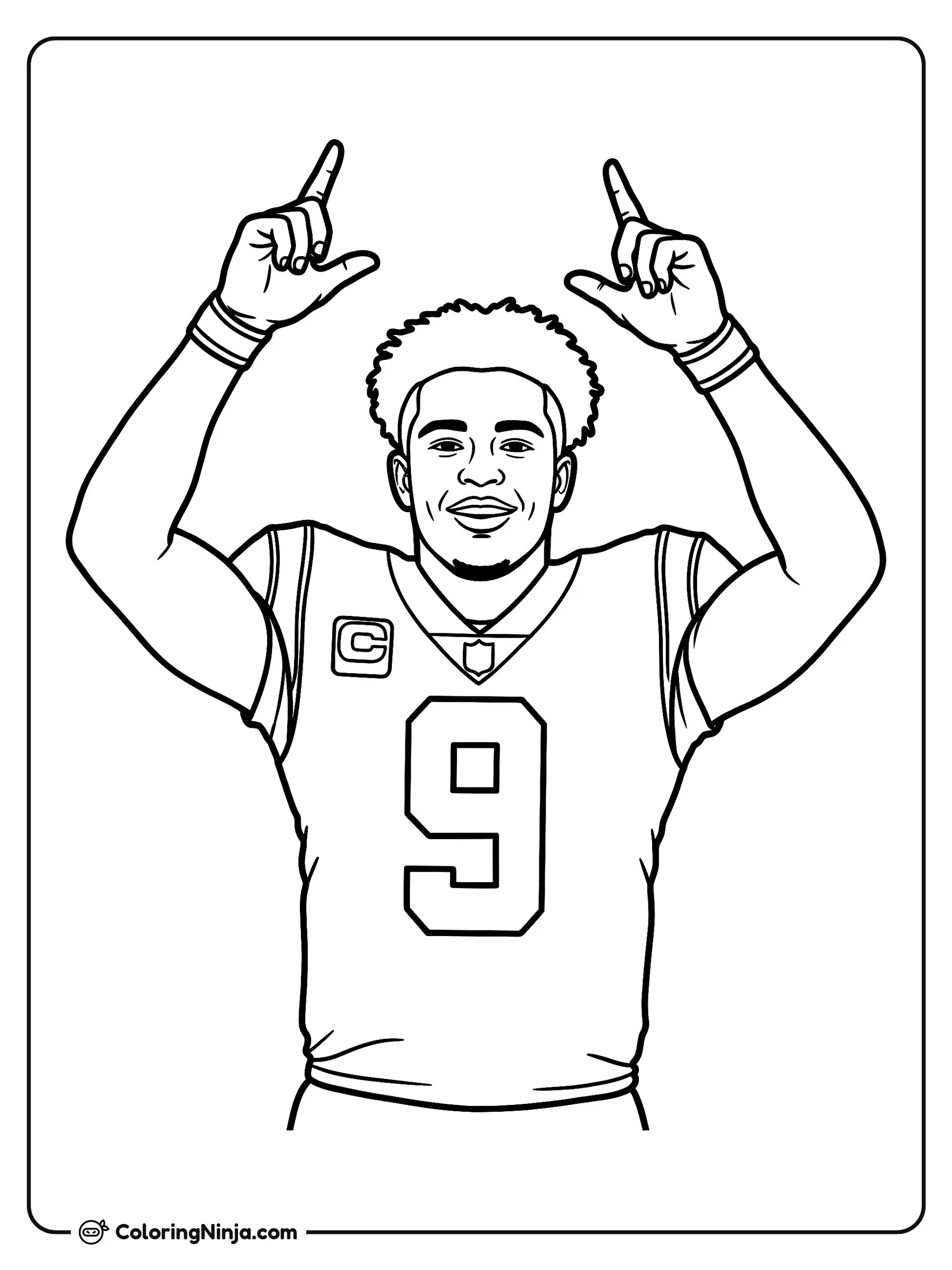 Celebración de touchdown de Bryce Young, dibujo para colorear: El jugador de fútbol americano Bryce Young sonríe con su uniforme número nueve mientras levanta los brazos para celebrar una anotación.
