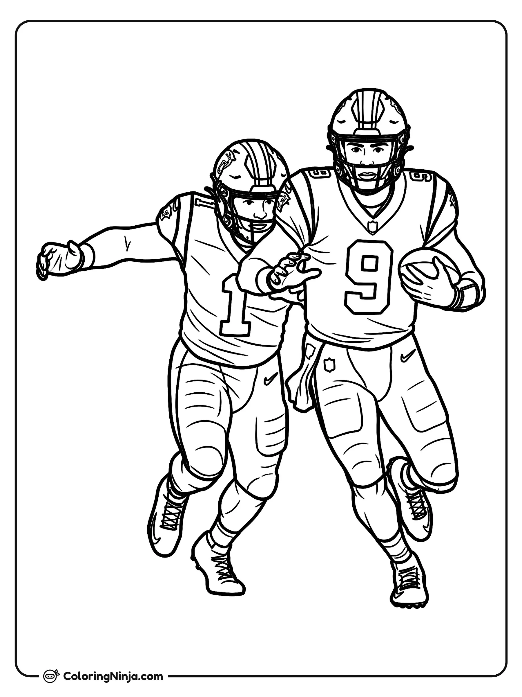 Bryce Young escapando de los defensores, dibujo para colorear: Bryce Young corre por el campo con el número 9 mientras sostiene firmemente el balón de fútbol americano. Otro jugador equipado lo acompaña en plena jugada durante el partido.