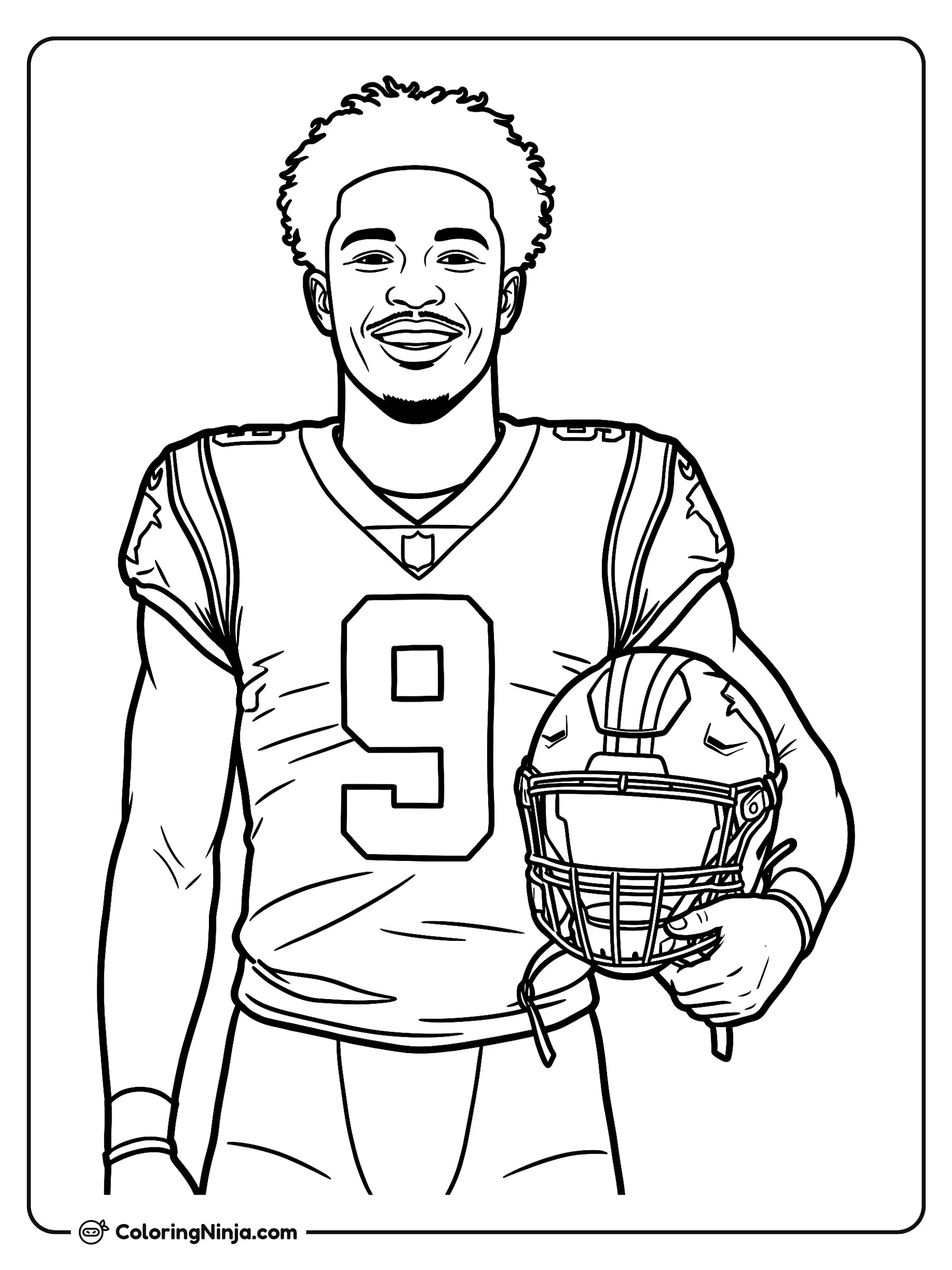 Retrato de Bryce Young en la banca, dibujo para colorear: Bryce Young posa con orgullo luciendo su uniforme de fútbol americano y el jersey número 9. Sonríe mientras sostiene su casco debajo del brazo a un lado del campo de juego.
