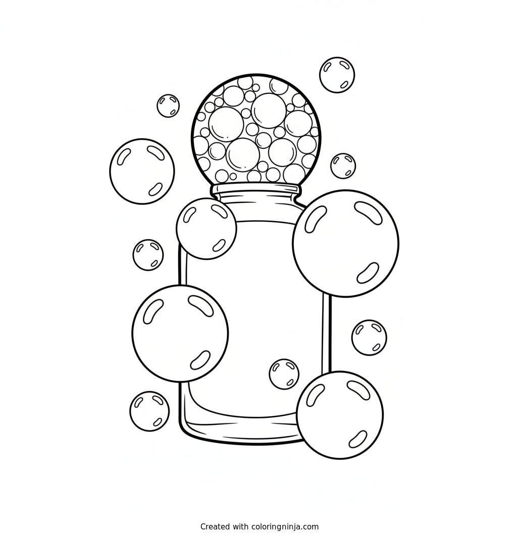 Coloring page of Bubble skincare bottle surrounded by soap bubbles