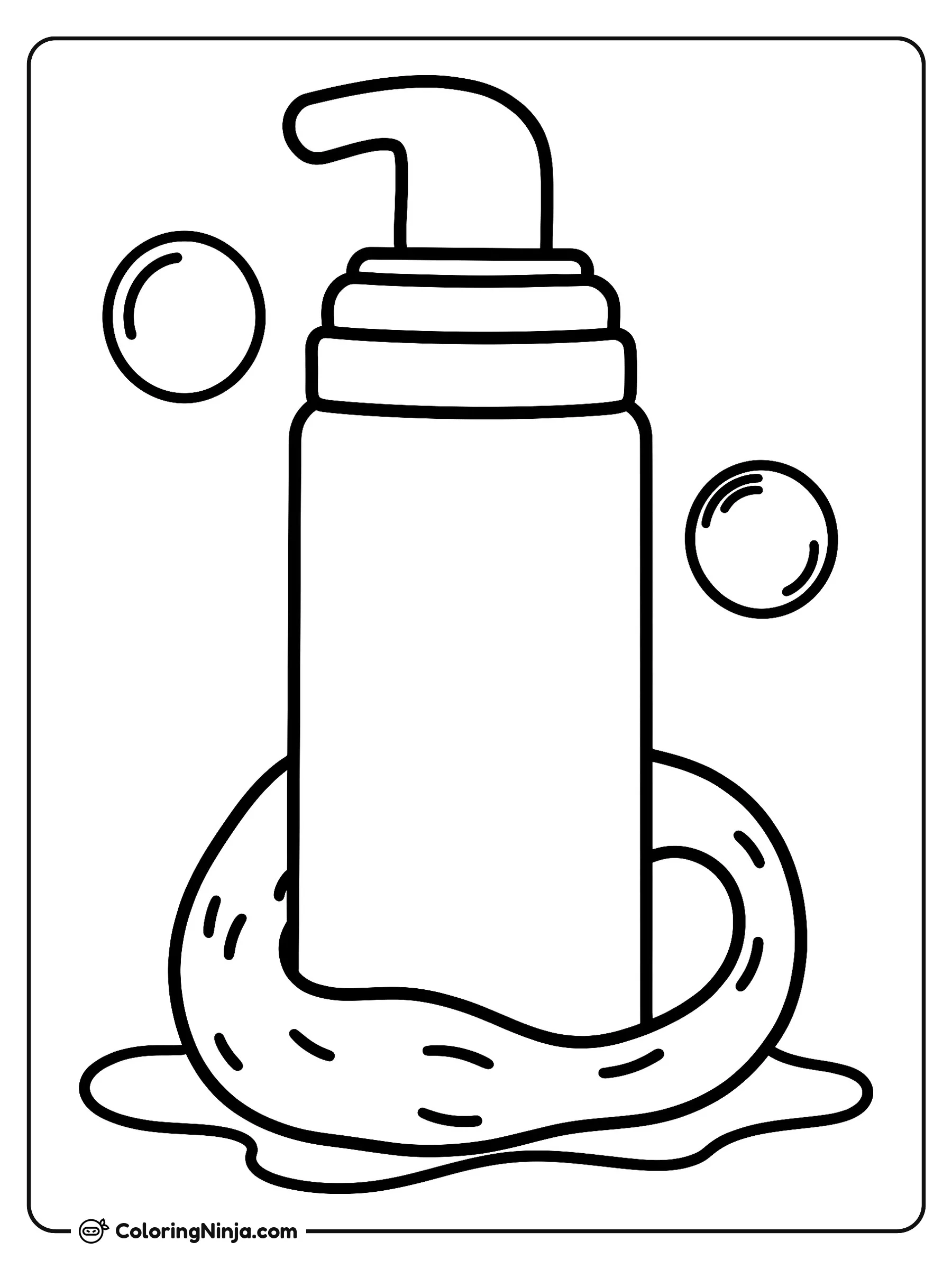 Producto de Skincare Bounce Back de Bubble, dibujo para colorear: Un frasco de skincare Bubble Bounce Back se encuentra de pie sobre una suave diadema y un pequeño derrame de líquido. A los lados flotan dos burbujas redondas en el aire.