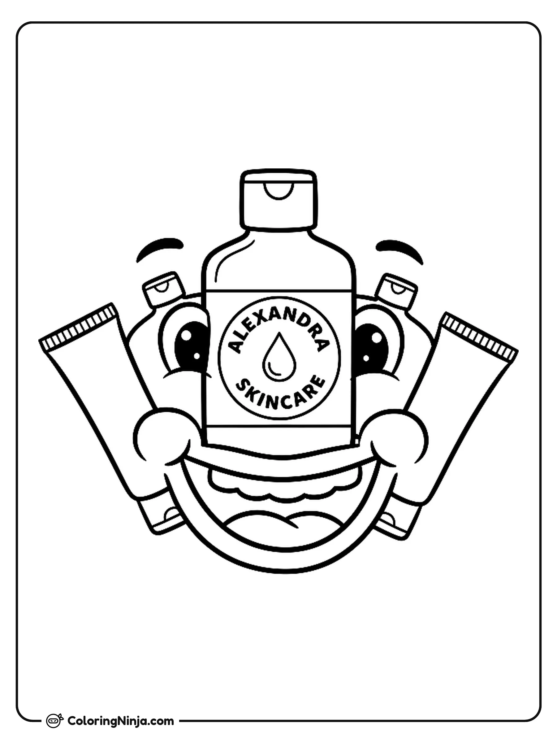 Alexandra Skincare Products Coloring Page: This coloring page features a collection of skincare items labeled with the name Alexandra. The picture displays various bottles, pump dispensers, and tubs arranged together on a surface.