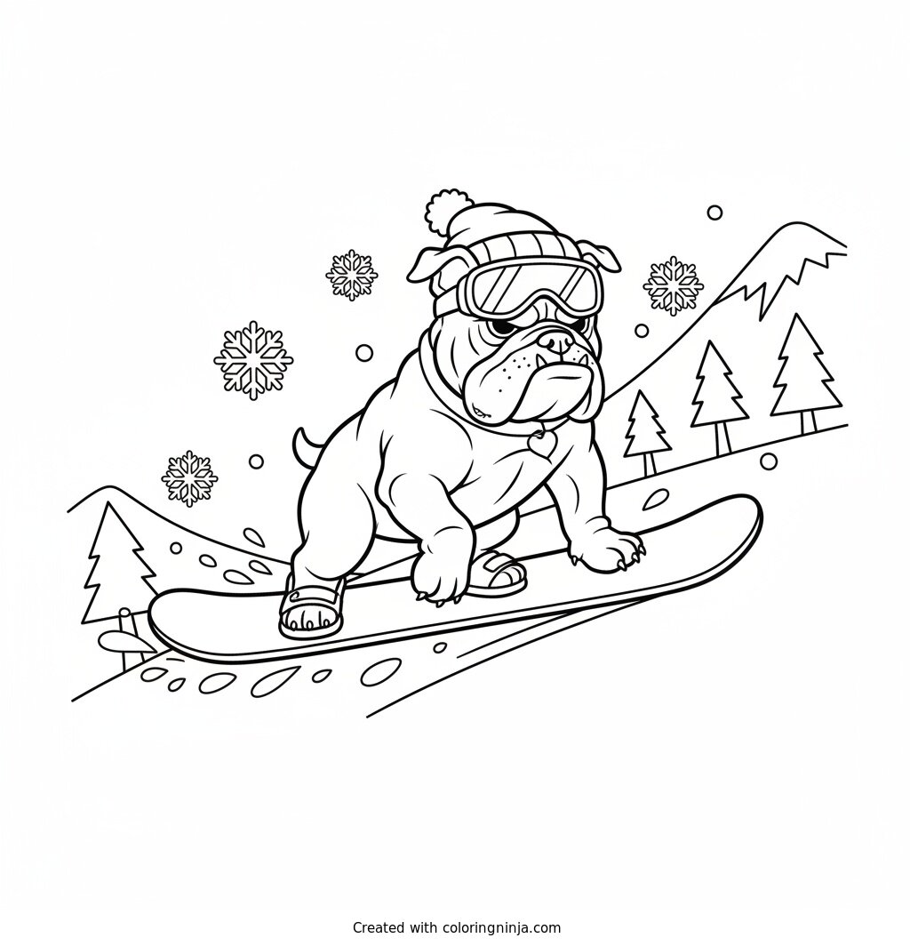 Coloring page of bulldog riding on a snowboard