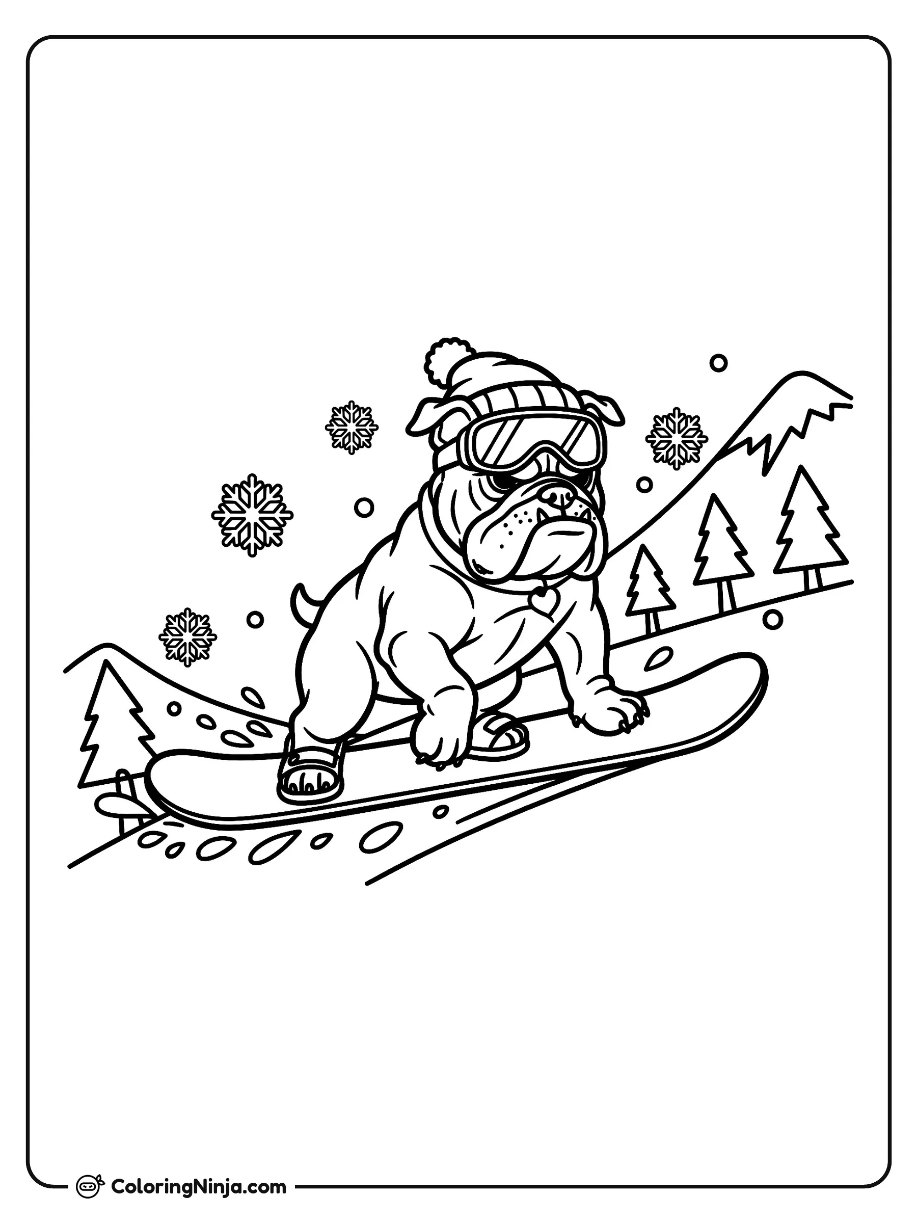 Bulldog en tabla de snowboard, dibujo para colorear: Un perro bulldog con gorro de lana y gafas de esquí se desliza en una tabla de snowboard por una pendiente nevada.