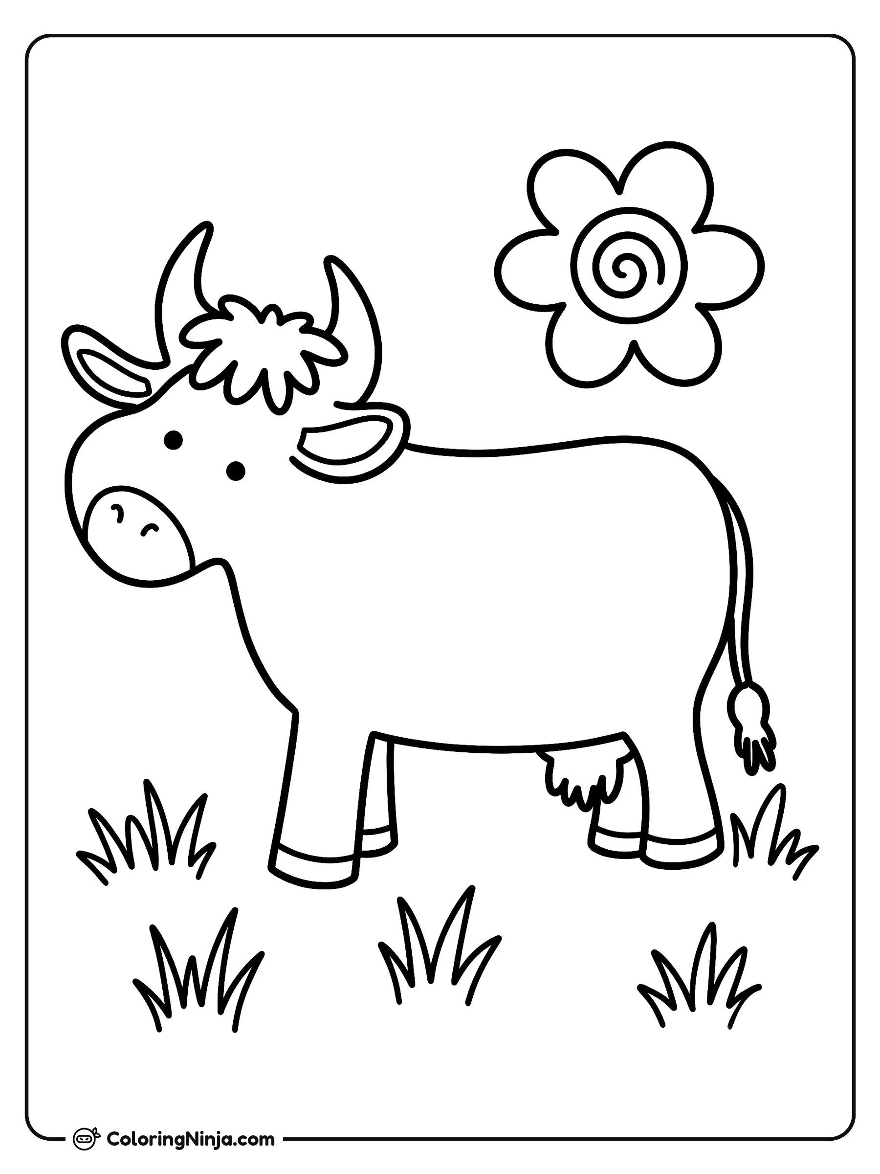 Vaca tierna en el campo, dibujo para colorear: Una linda vaca se encuentra al aire libre en un prado lleno de pequeños pastizales. En el cielo brilla una gran flor que adorna la escena como si fuera el sol.