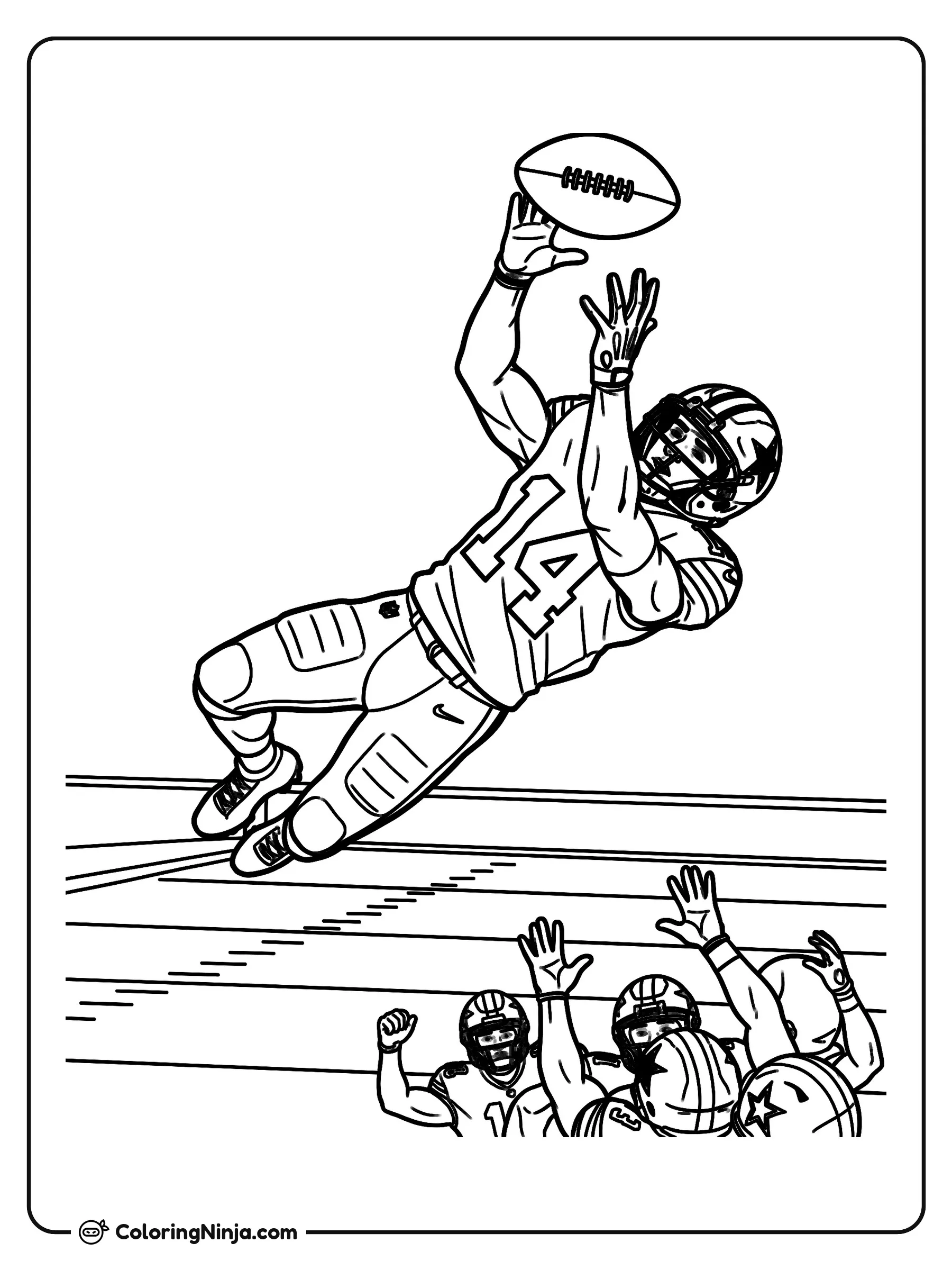 Caleb Downs atrapando una intercepción, dibujo para colorear: El jugador Caleb Downs salta por los aires sobre el campo para sujetar el balón con ambas manos. Abajo, otros jugadores con casco observan la gran jugada con los brazos levantados.