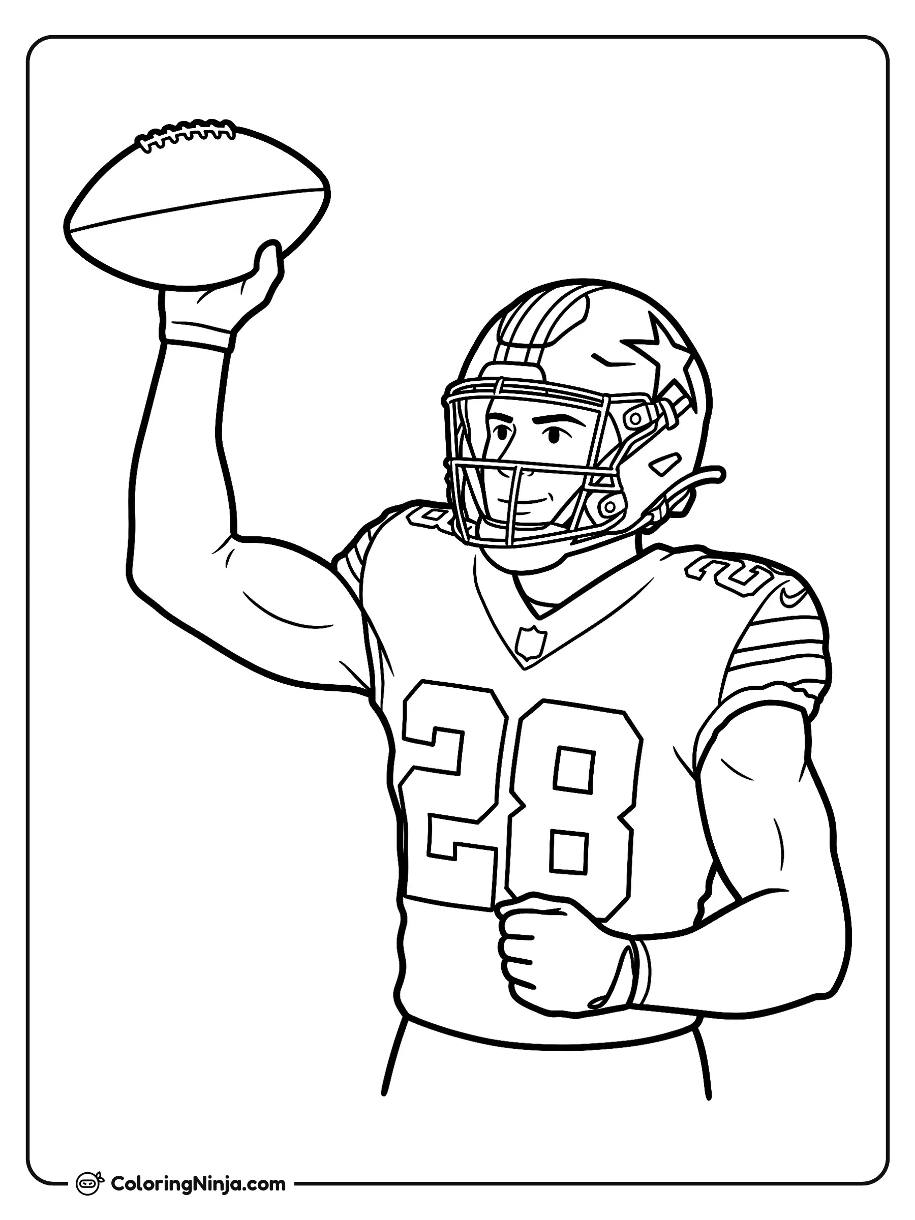 Pose heroica de Caleb Downs, dibujo para colorear: El jugador de fútbol americano Caleb Downs luce el uniforme número 28 y un casco con una estrella mientras celebra una gran jugada.