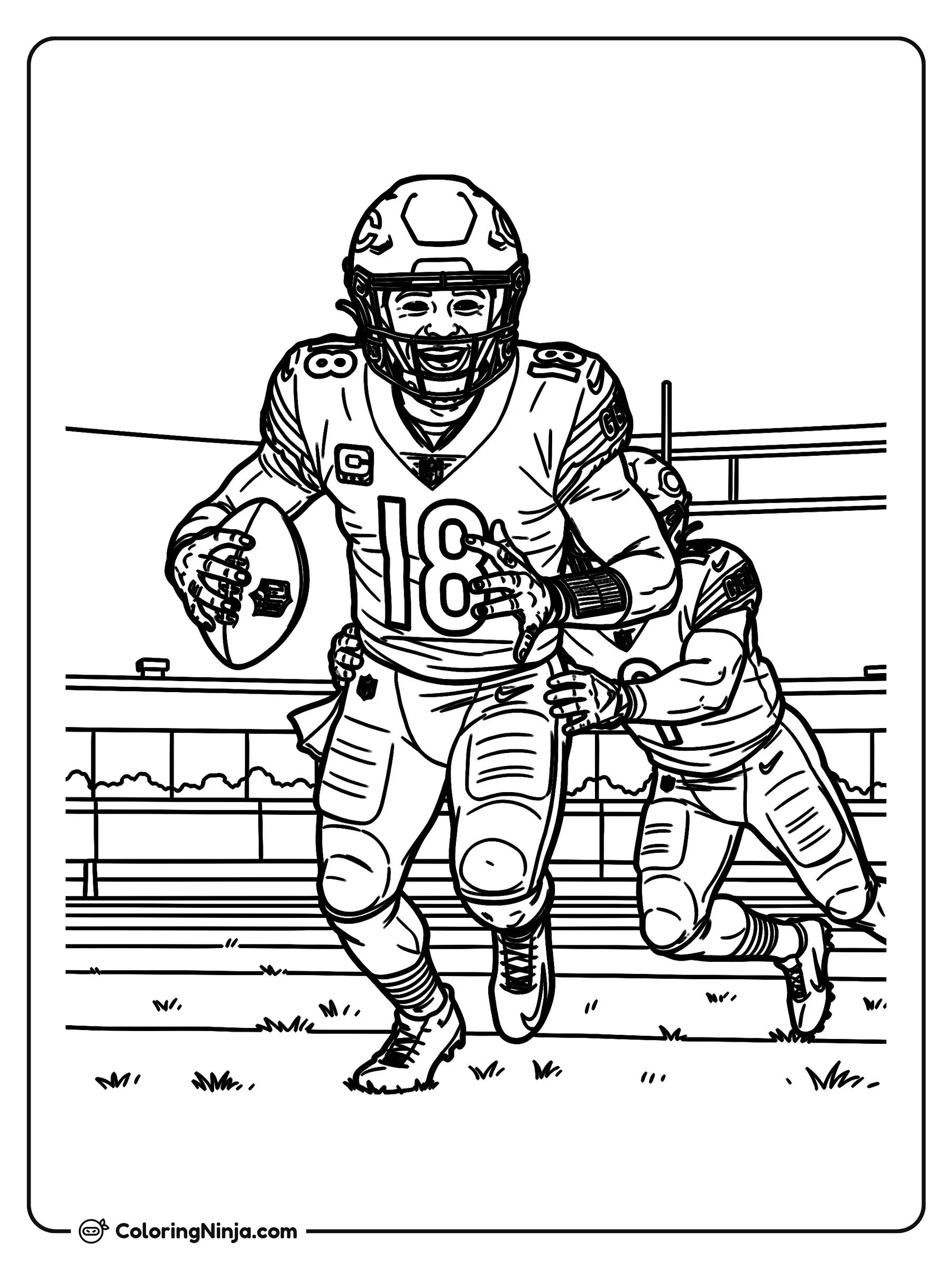 Caleb Williams en Acción de Juego, dibujo para colorear: Caleb Williams avanza a toda velocidad por el campo de fútbol americano mientras sostiene el balón con firmeza y escapa de un defensor que lo persigue desde atrás.