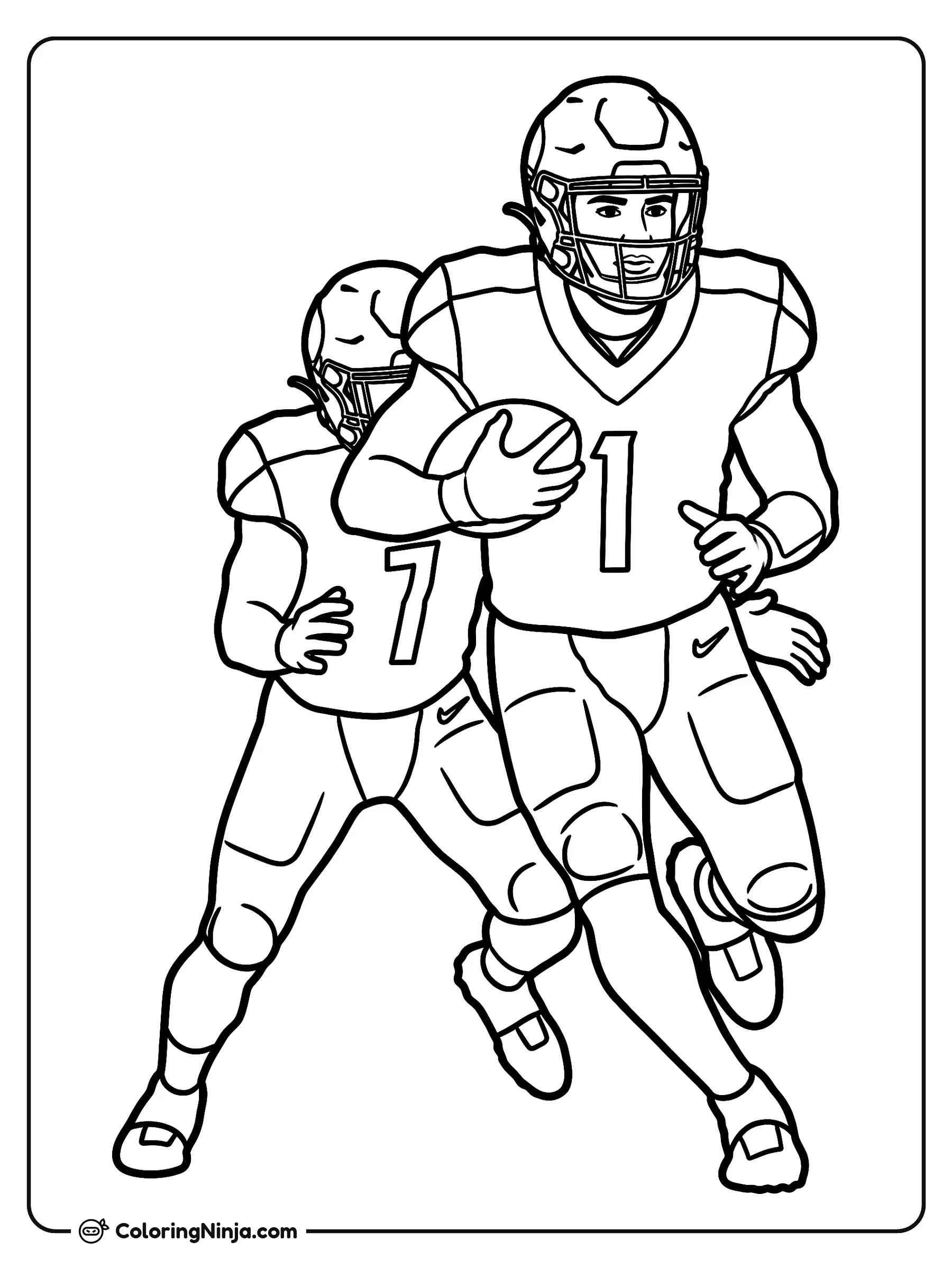 Cam Ward escapando con el balón, dibujo para colorear: Cam Ward corre por el campo con el balón de fútbol americano sujeto firmemente bajo el brazo y luciendo su equipo completo con el número 1.