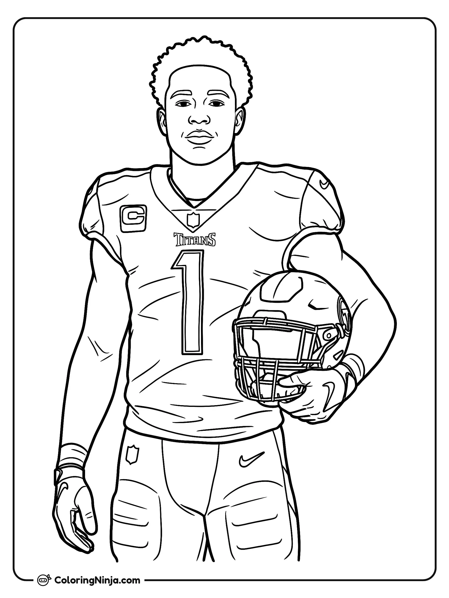 Retrato de Cam Ward en la banda, dibujo para colorear: El jugador de fútbol americano Cam Ward posa con su uniforme completo en la banda del campo.
