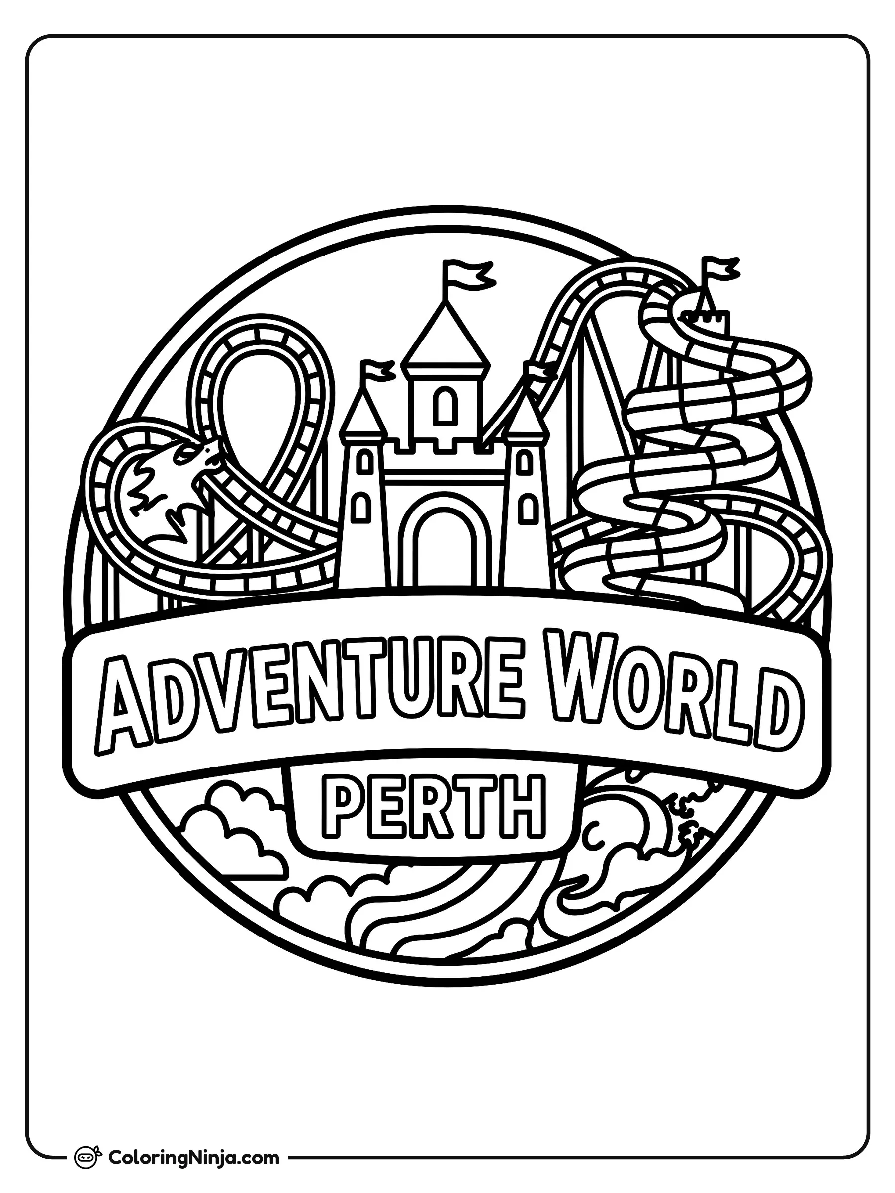 Logo del parque Adventure World Perth, dibujo para colorear: Un emblema circular de un parque temático muestra un castillo en el centro acompañado por una montaña rusa y un tobogán acuático.