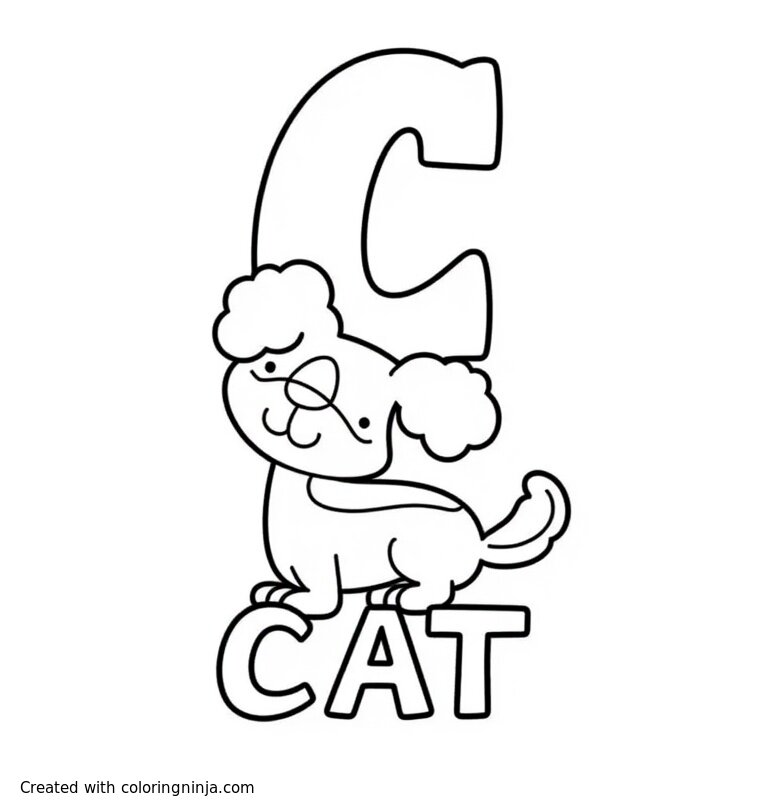 A coloring page of A capital "C", below it a dog and below the dog the word "CAT"