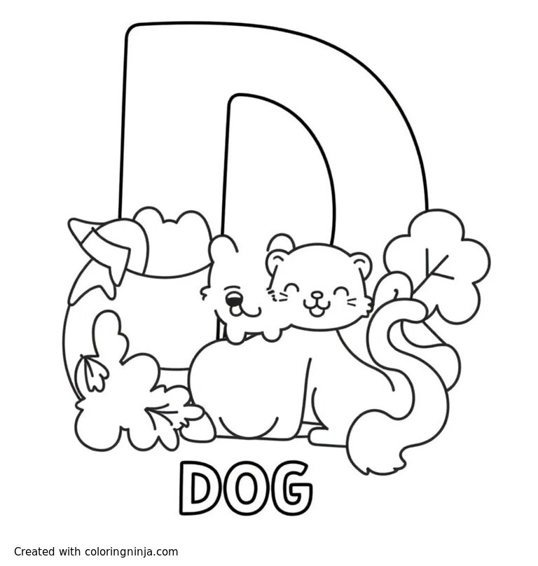 A coloring page of A capital "D", below it a cat and below the dog the word "DOG"