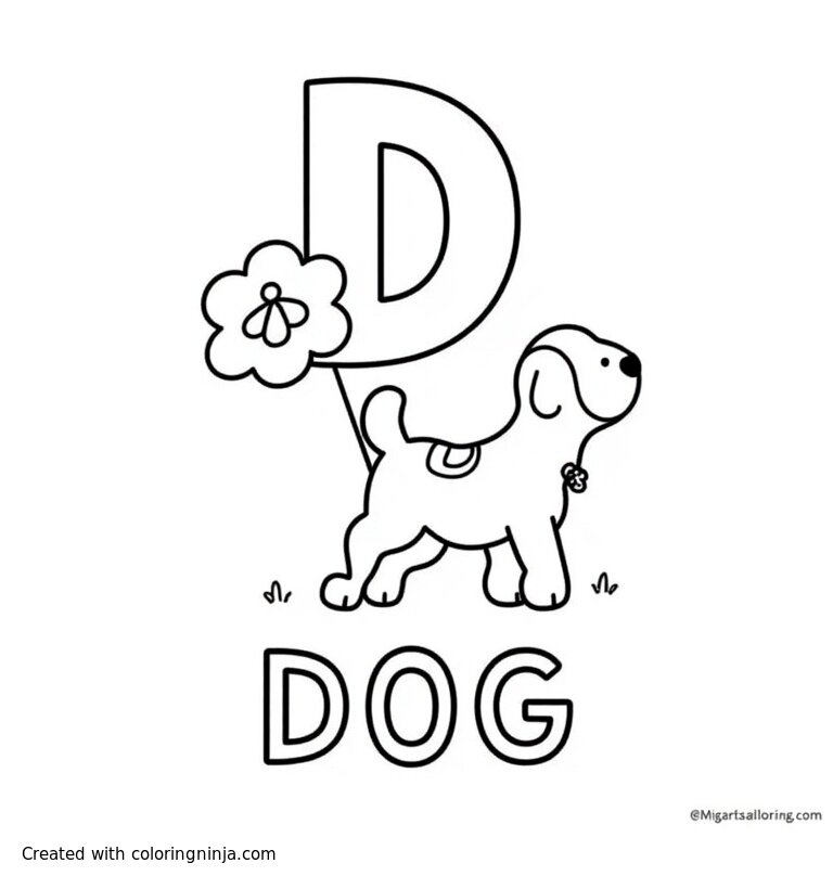 A coloring page of a capital "D", below it a dog and below the dog the word "DOG"