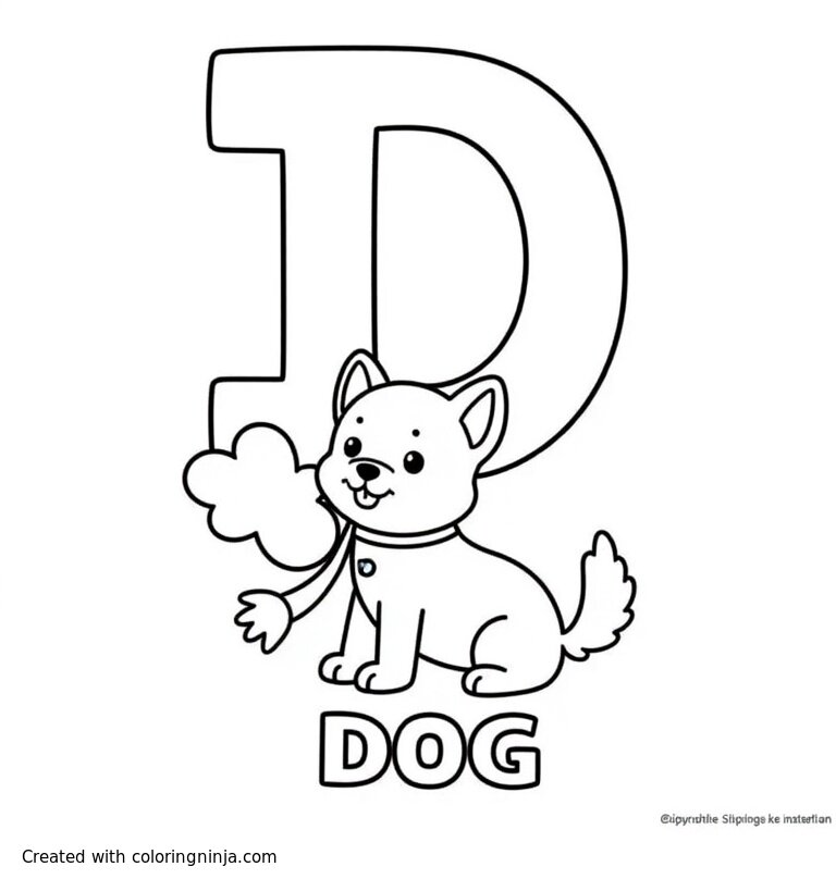 A coloring page of A capital "D", below it a dog and below the dog the word "DOG"