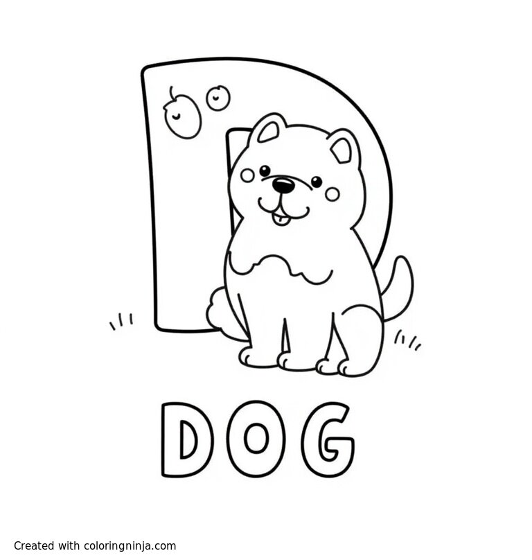 A coloring page of A capital "D", below it a dog and below the dog the word "DOG"