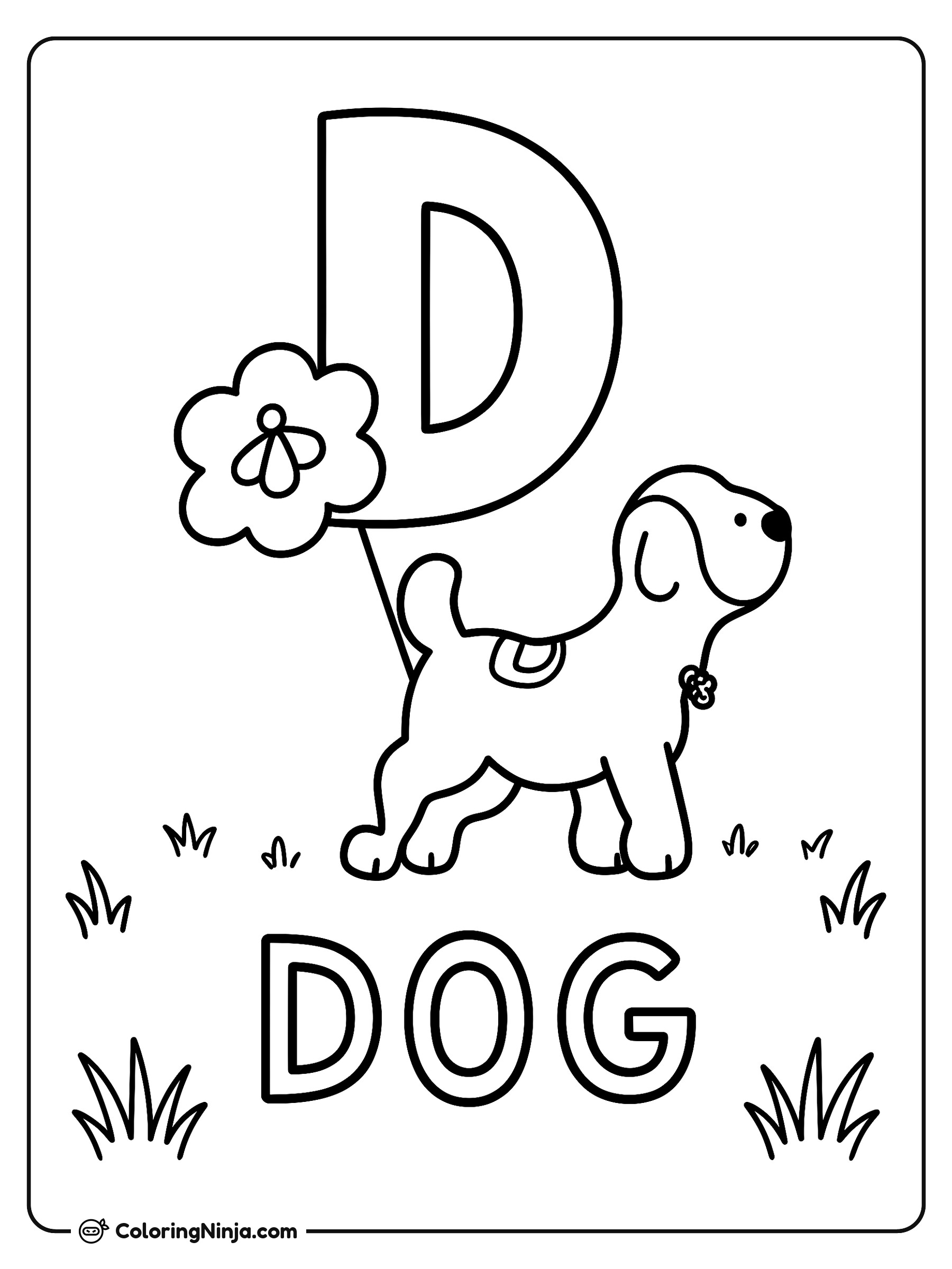 Letter D and Playful Dog Coloring Page