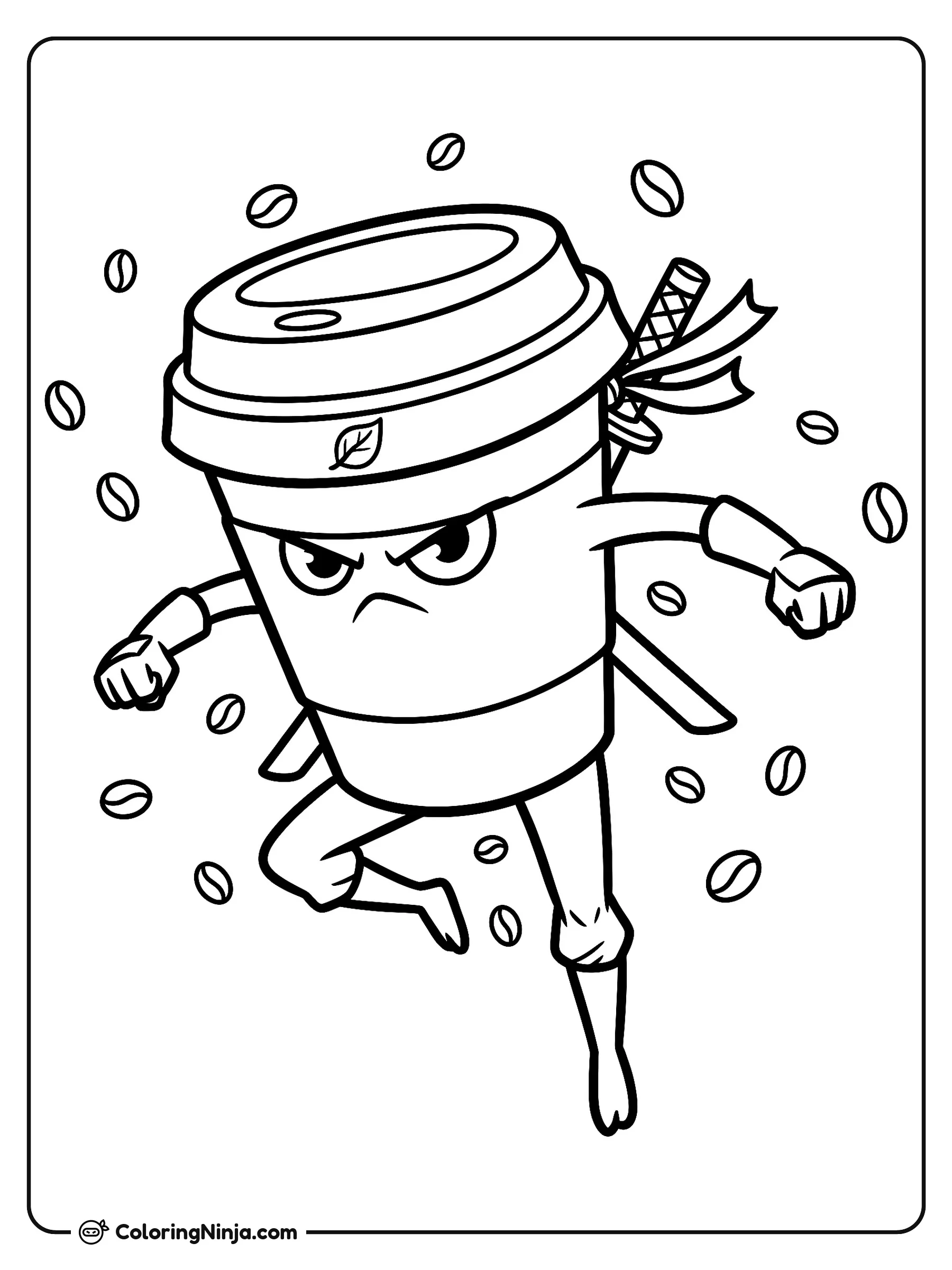 Cappuccino Assassino dando un salto ninja, dibujo para colorear: Cappuccino Assassino realiza un gran salto ninja en el aire con una mirada intensa y puños cerrados. Lleva una espada en la espalda y está rodeado de granos de café flotando.